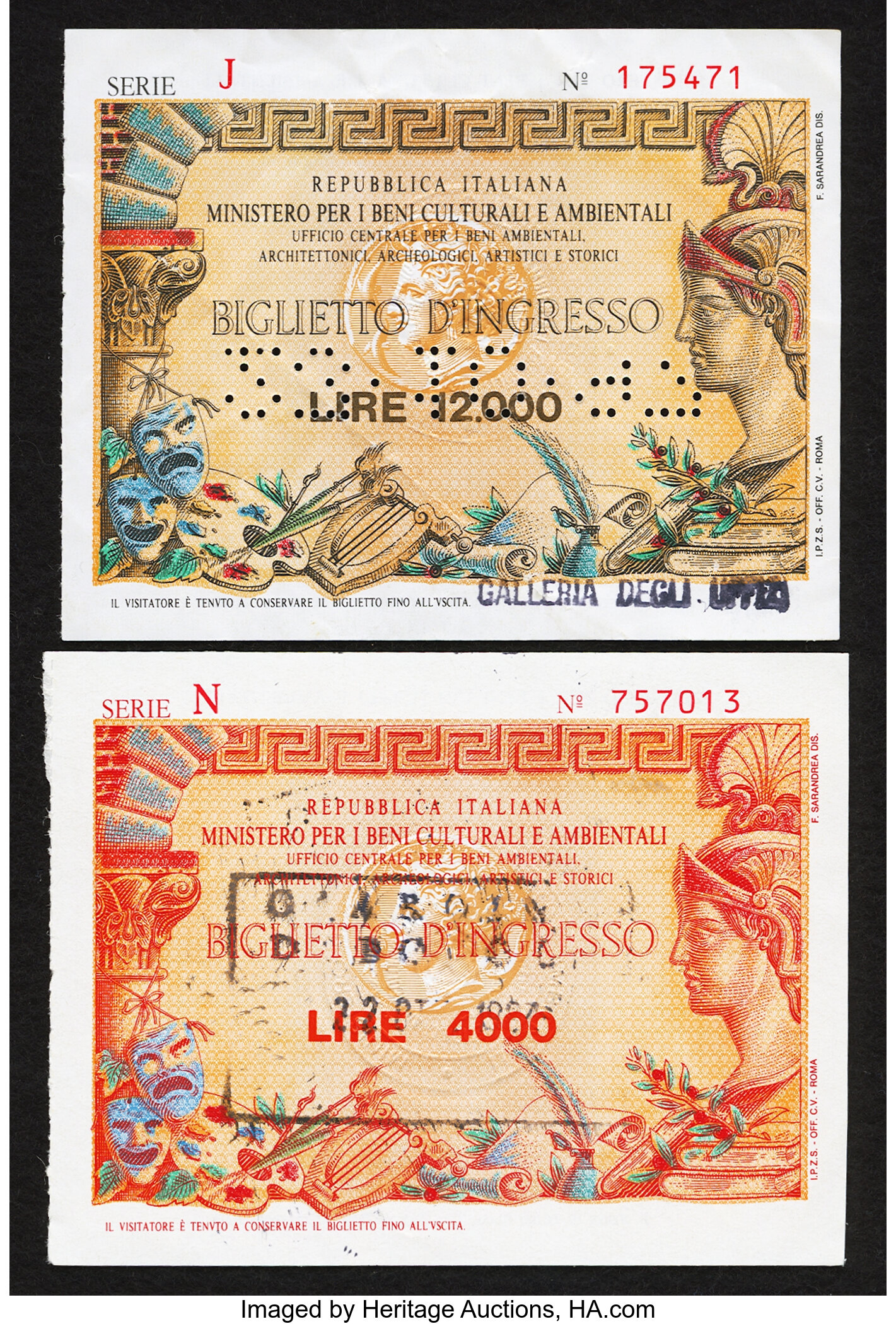 Italy Ministry Of Cultural Assets And Environments Ticket Lot Heritage Auctions