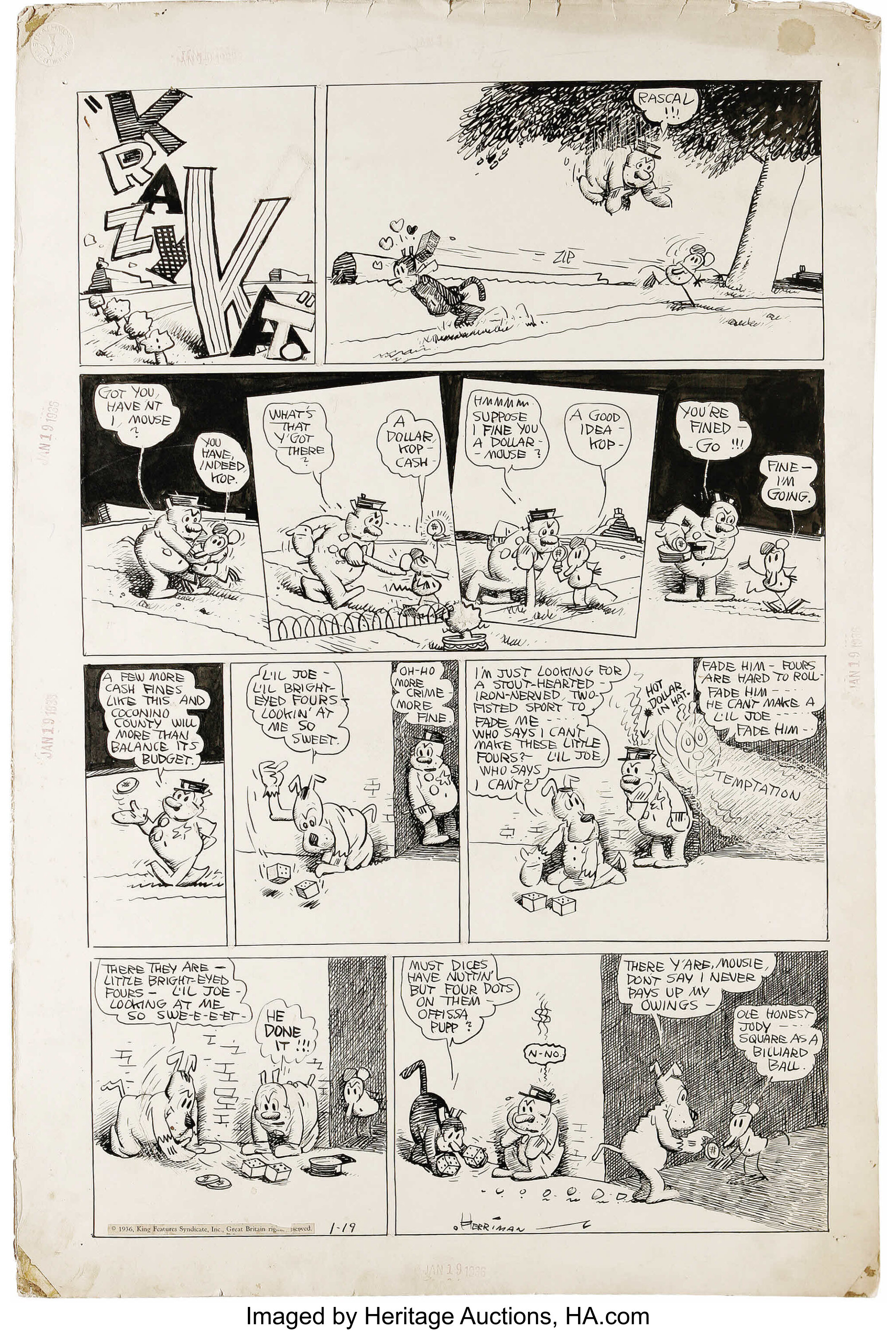 George Herriman - Krazy Kat Sunday Comic Strip Original Art, Dated 