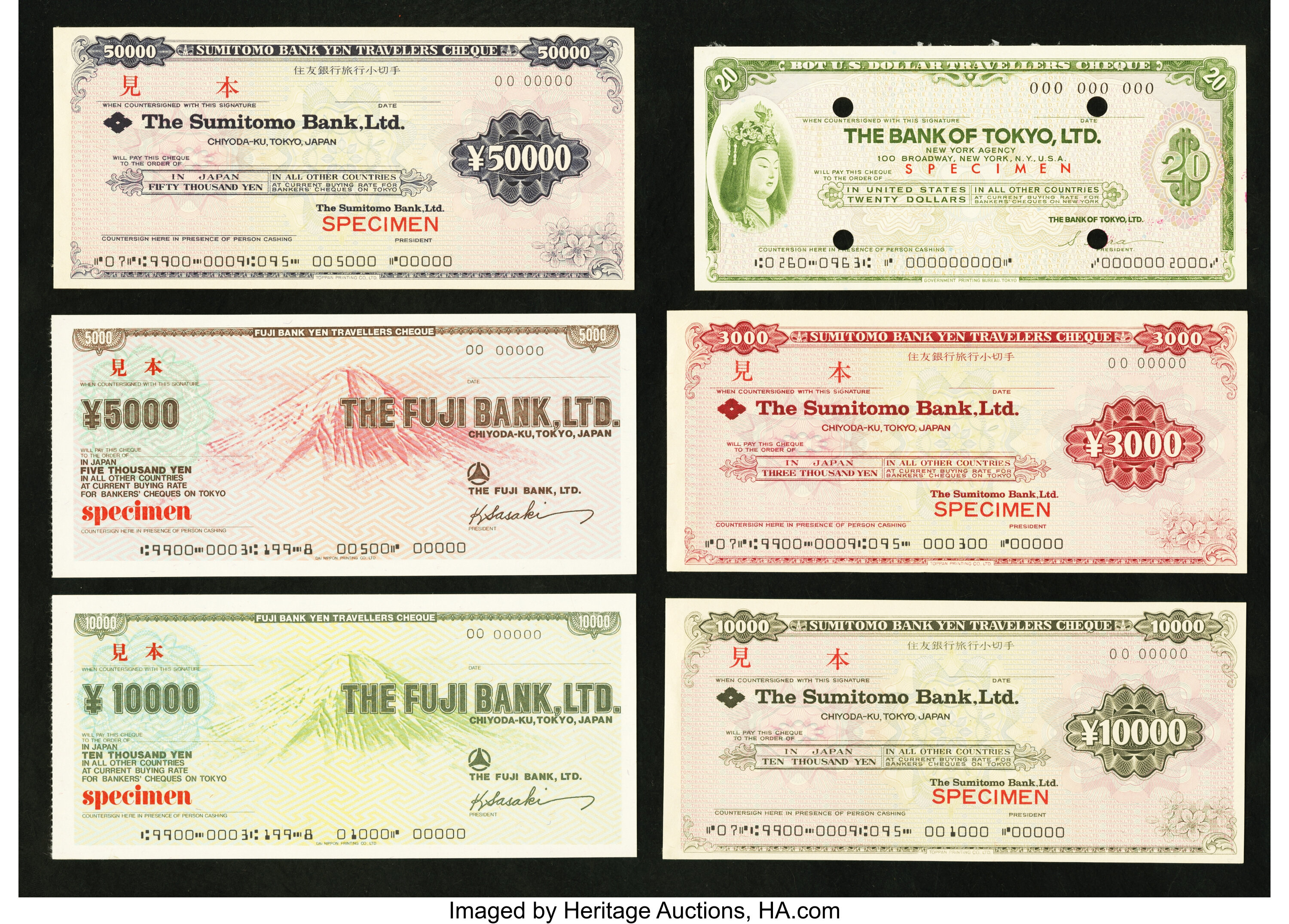 Travelers Cheque Specimens from Japanese Issuers.. (Total: 11