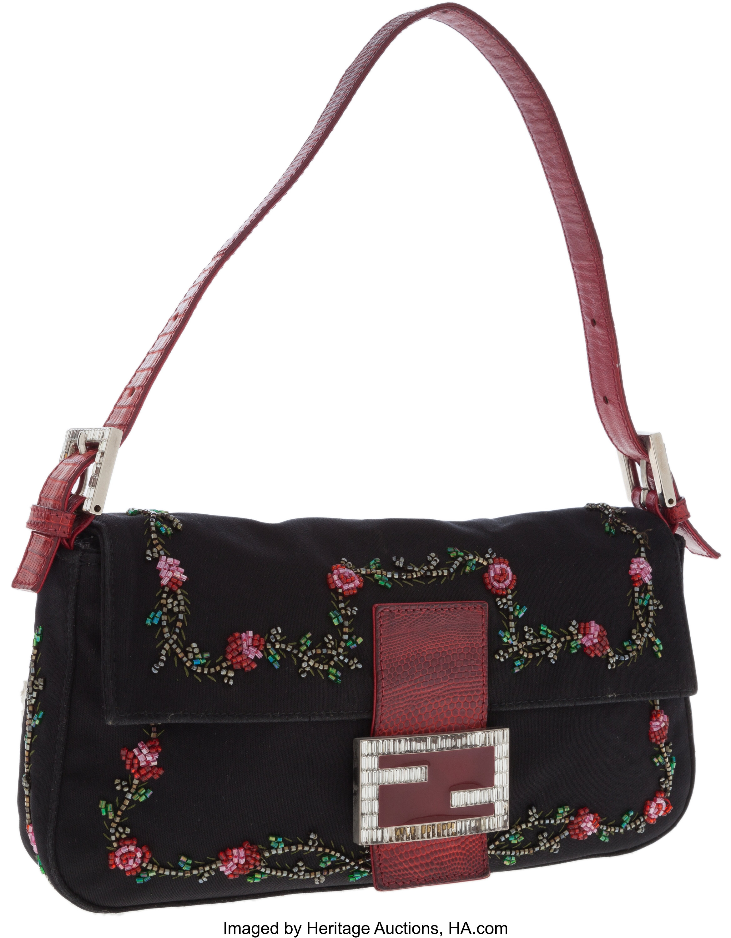 Fendi Rare Vintage Flower Baguette Black White Red Leather Linen Metal  ref.235881 - Joli Closet