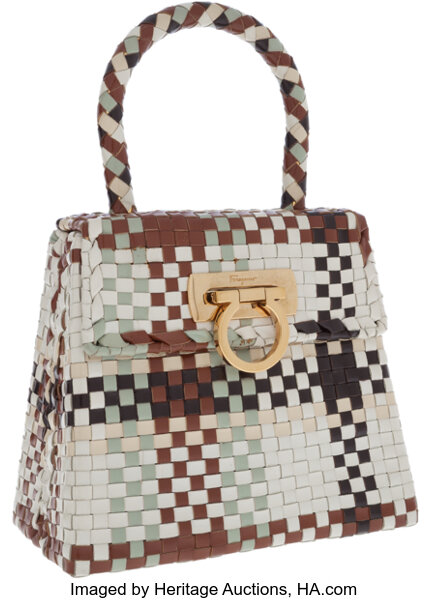 Salvatore Ferragamo Brown, Gray and White Woven Leather Top Handle