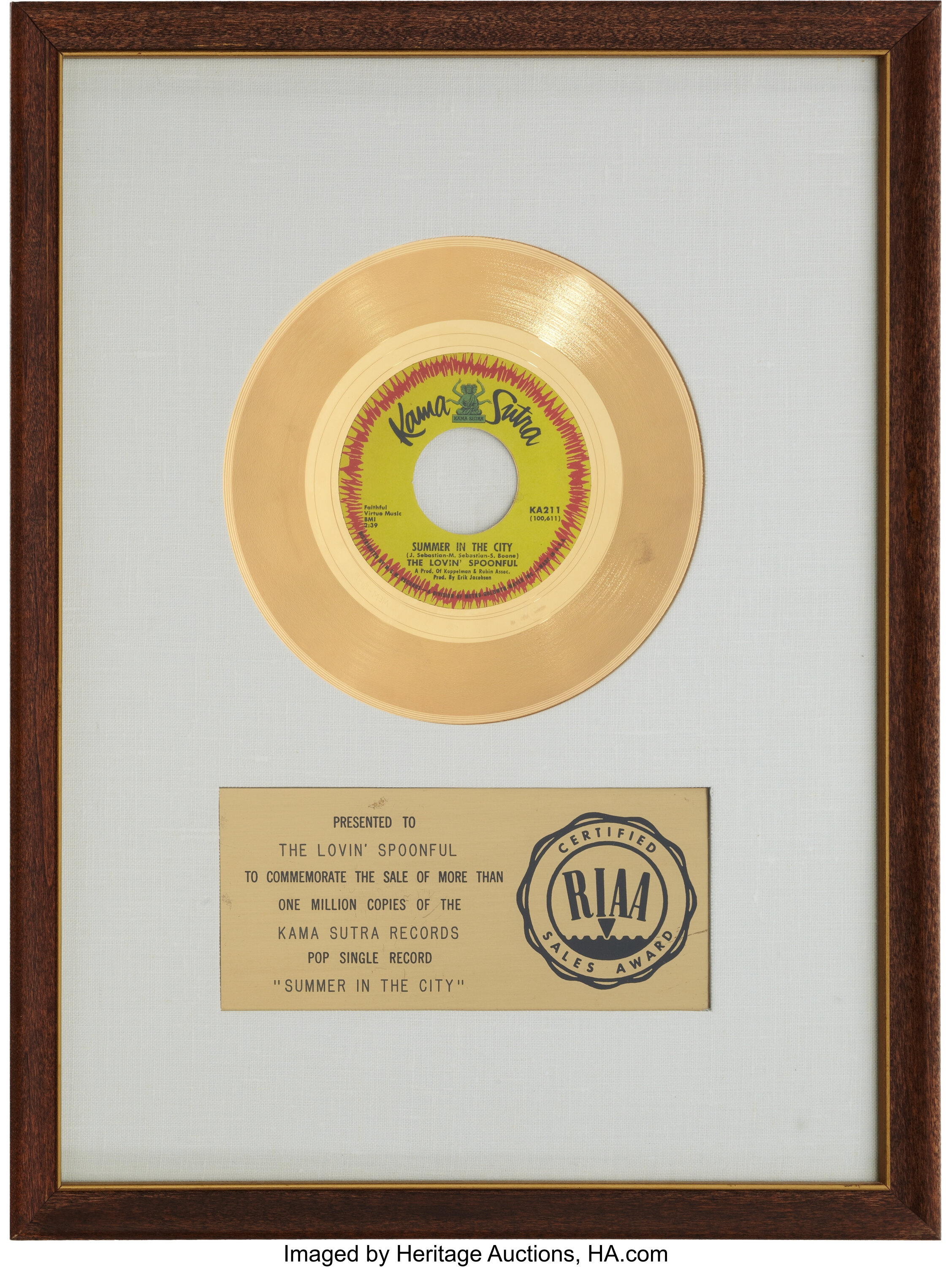 The Lovin Spoonful Summer In The City Riaa Gold Record Award Lot Heritage Auctions