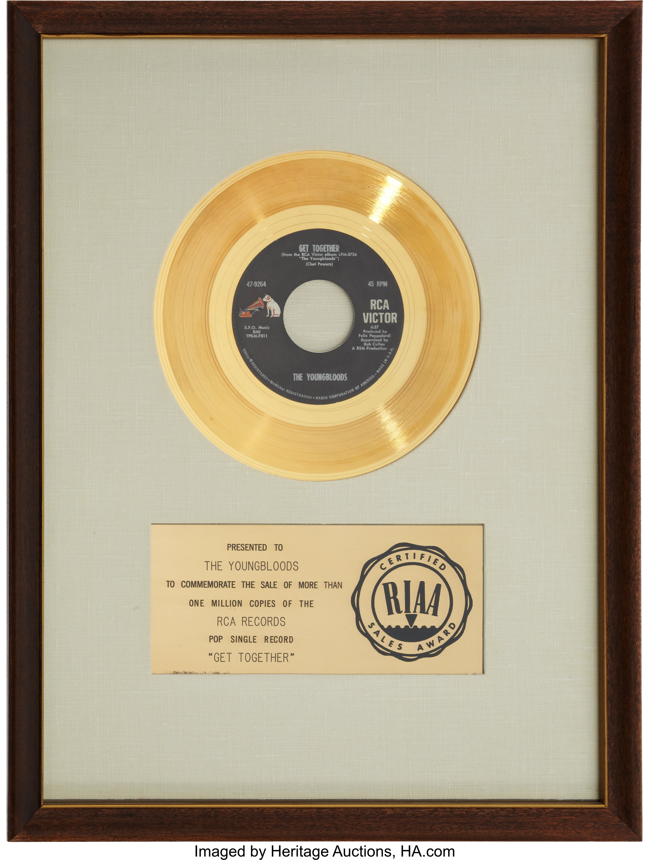 The Youngbloods Get Together Riaa Gold Record Award 1967 Lot Heritage Auctions