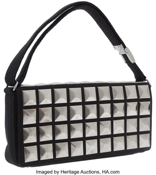 Chanel Black Fabric Flap Bag with Gunmetal Pyramid Studs