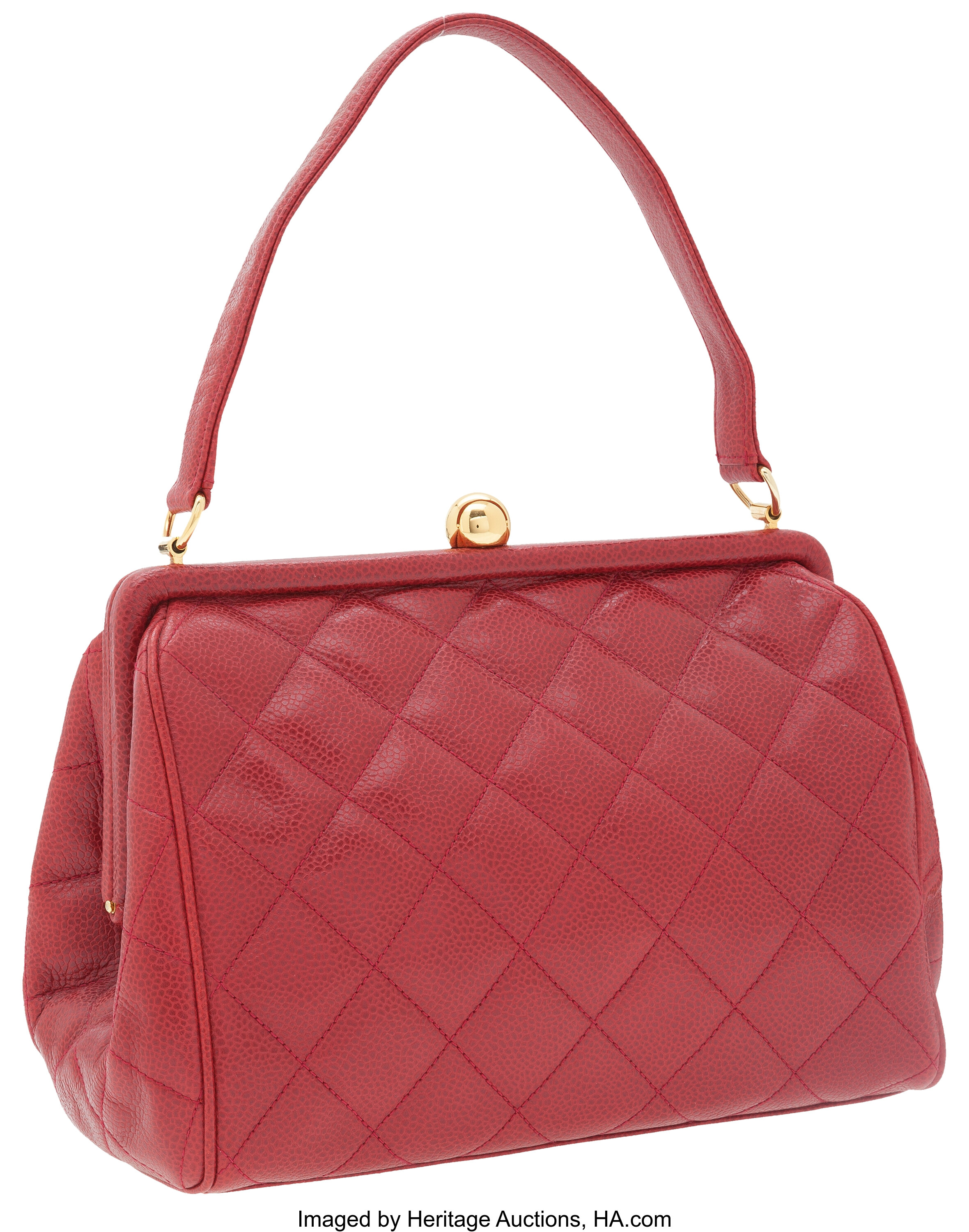 Chanel Red Caviar Quilted Leather Bag with Kisslock Closure. , Lot  #76013
