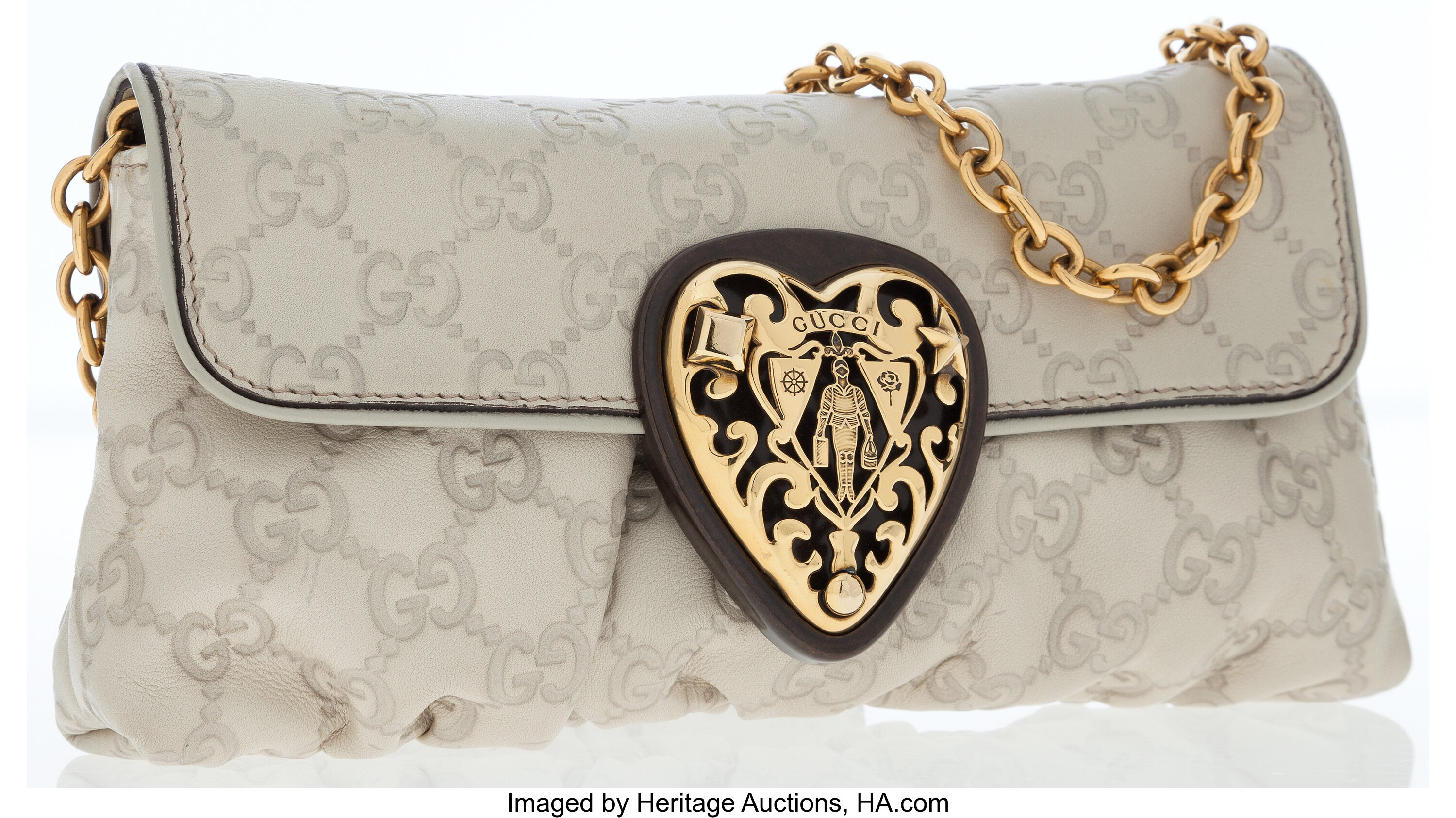 Gucci Beige Leather Monogram Shoulder Bag with Gold Heart Detail. | Lot  #79051 | Heritage Auctions