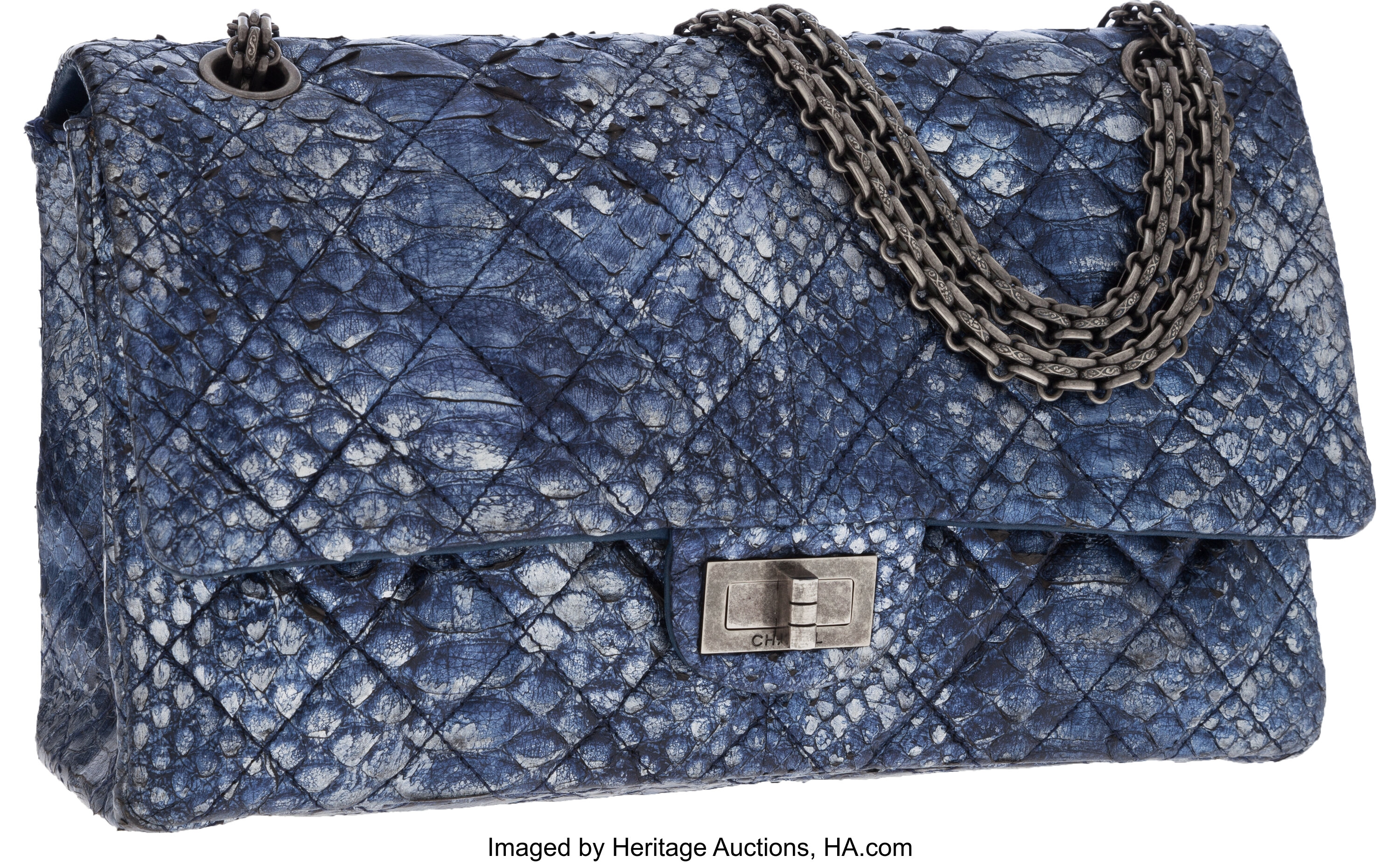 Chanel Blue Metallic Python Jumbo Double Flap Bag with Brushed