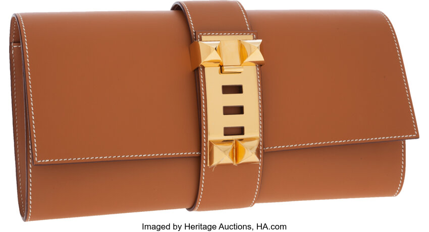 Hermes 23cm Blue Izmir Tadelakt Leather Gold Plated Medor Clutch