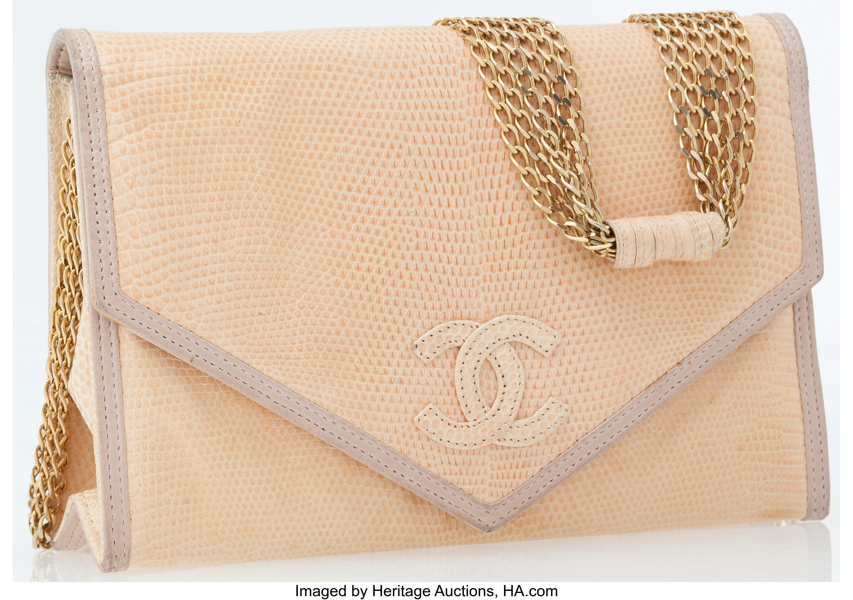 Chanel Peach Lizard Flap Bag with Gold Multi-Strand Chain Strap