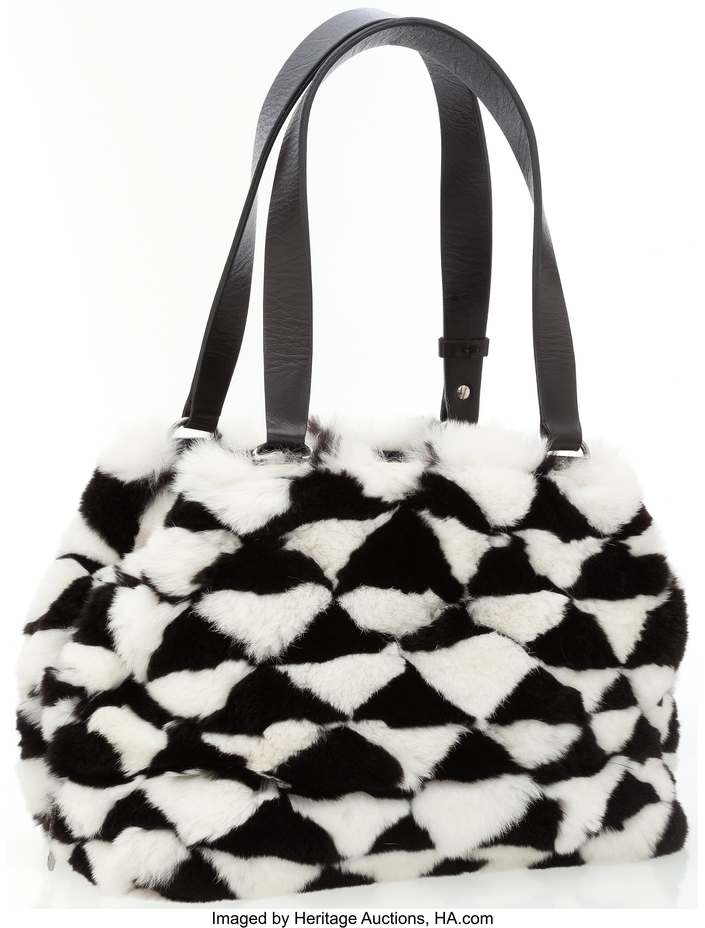 Chanel Black and White Checkered Fur Bag with Black Leather