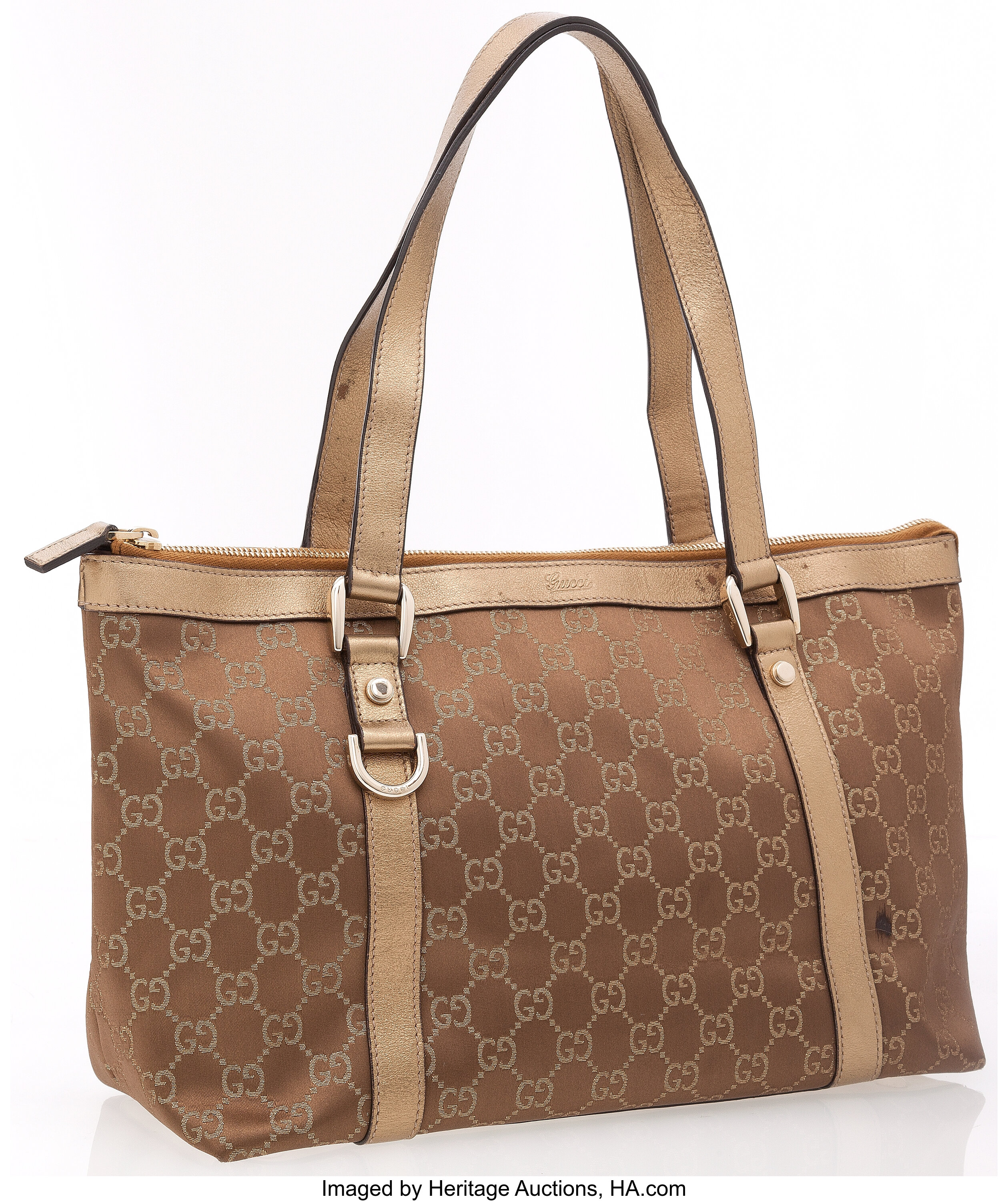 Gucci Bronze Metallic Coated Monogram Canvas Tote Bag. The