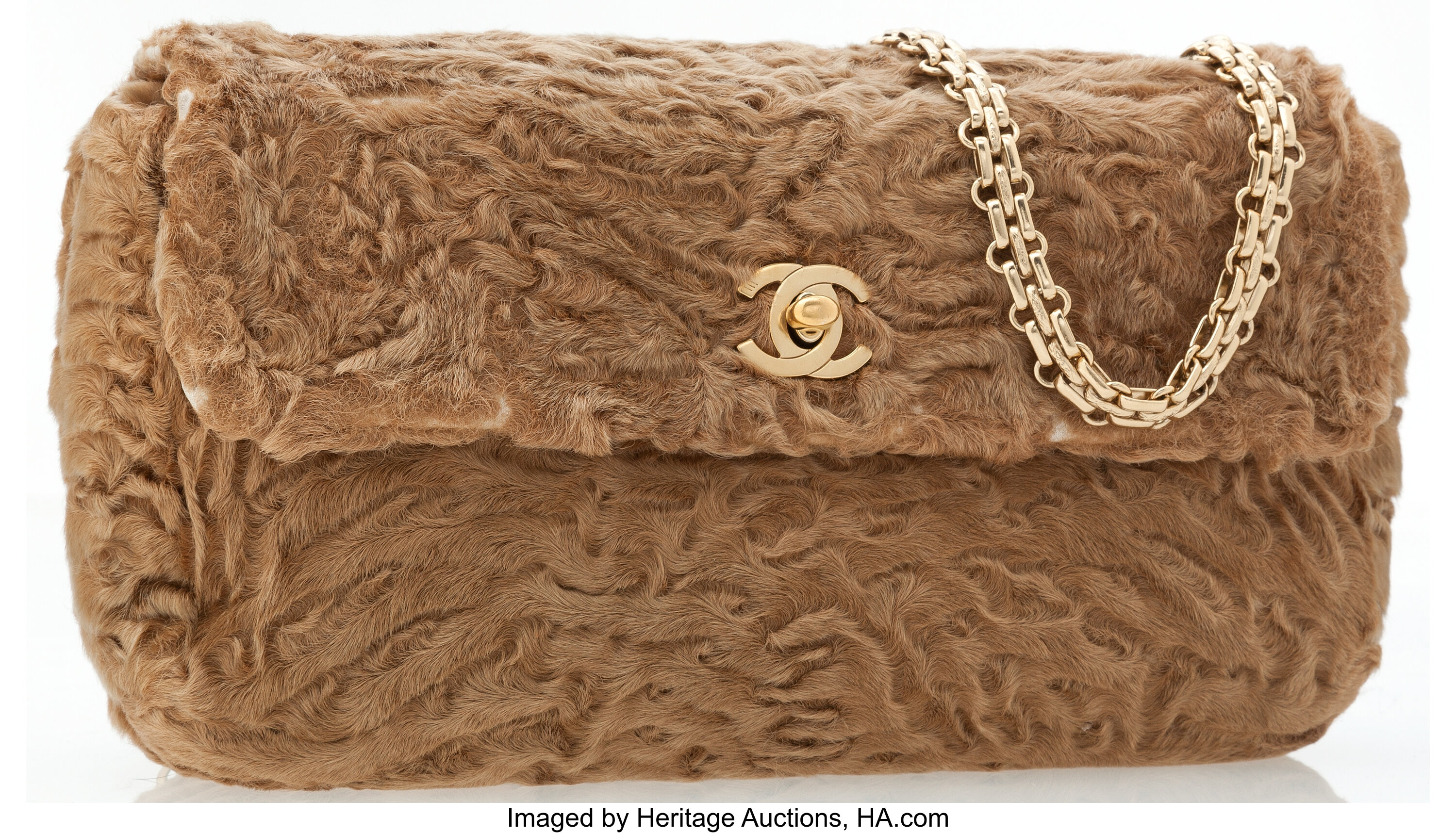 Chanel Light Brown Persian Lamb Fur Flap Bag with Gold Hardware., Lot  #75022