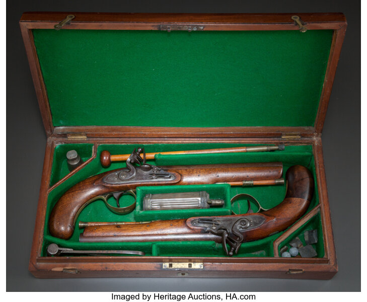 A CASED PAIR OF SHARPE FLINTLOCK DUELING PISTOLS. .62 caliber,, Lot #62687