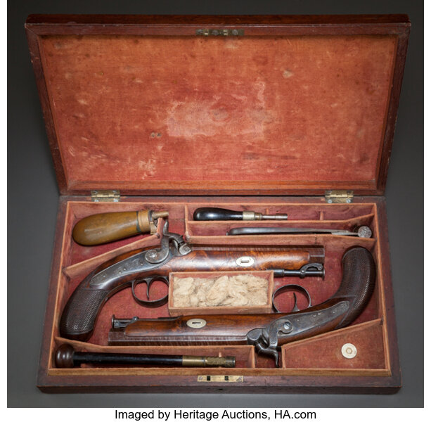 A CASED PAIR OF REPRODUCTION ENGLISH PERCUSSION DUELING PISTOLS., Lot  #62688