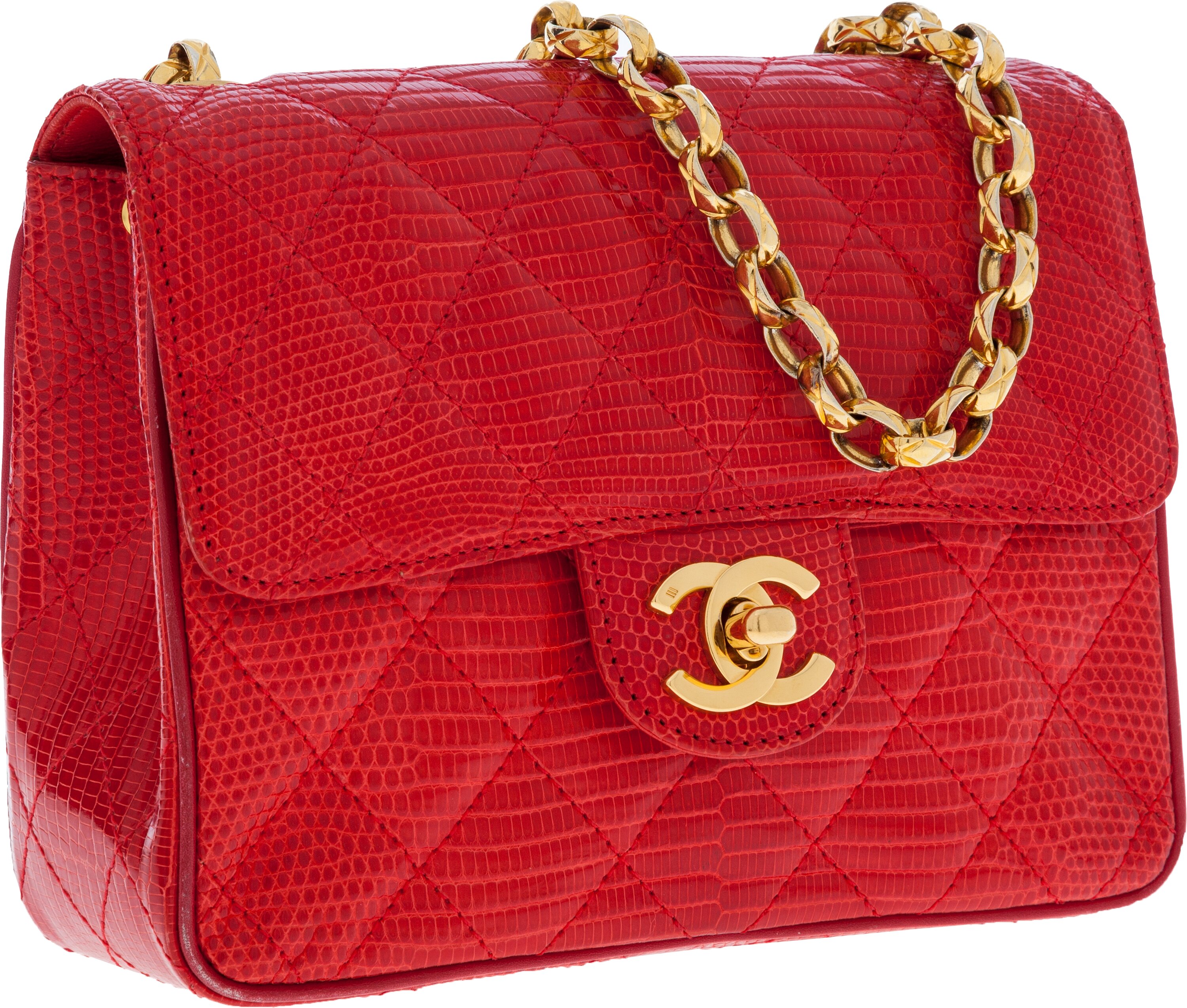 Chanel Bright Red Lizard Mini Flap Bag with Gold Chain Strap. ... | Lot  #64135 | Heritage Auctions