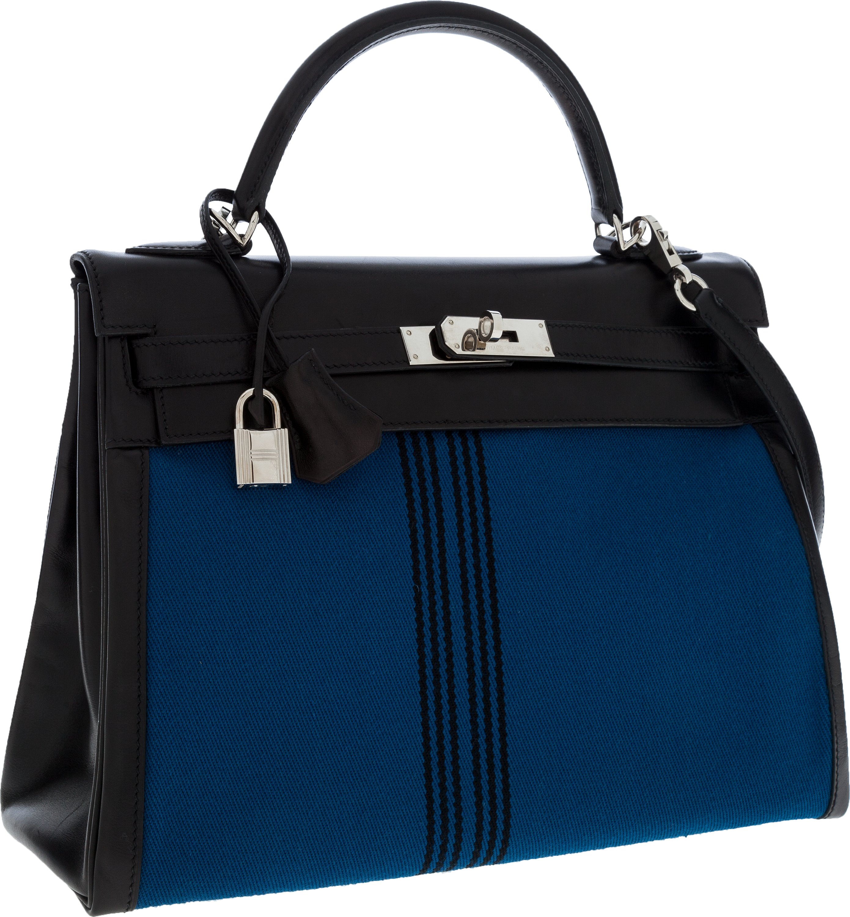 Navy Blue and Natural Kelly 32cm in Toile and Box Leather with