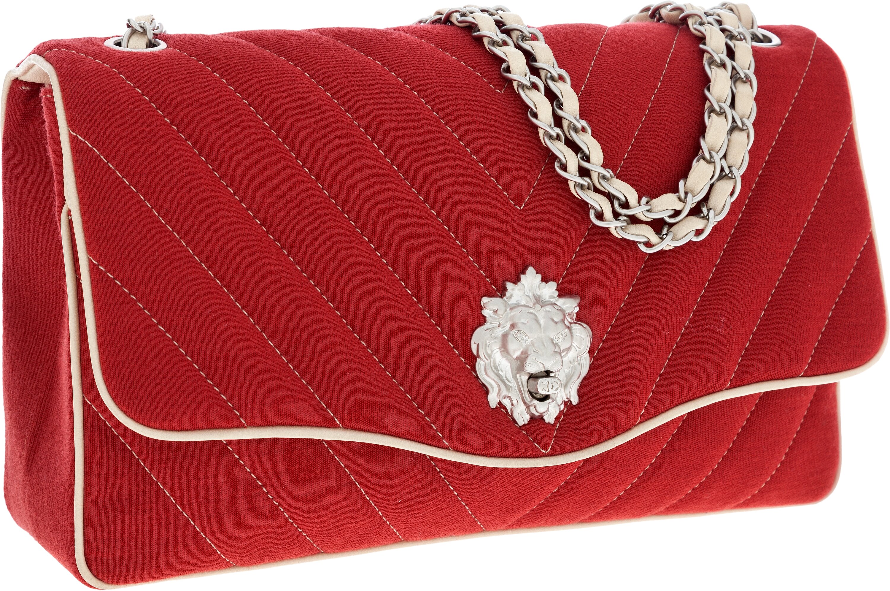 Chanel Red Chevron Quilted Fabric Lion's Head Jumbo Single Flap Bag, Lot  #64136