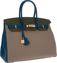 Hermes Birkin 35cm Rouge Casaque Blue Thalassa Bag Permabrass