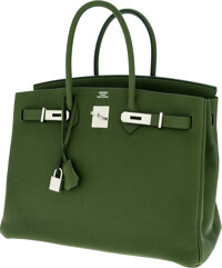 Preowned Hermes Birkin Bag In Vert Olive Green Togo Leather 35 Cm