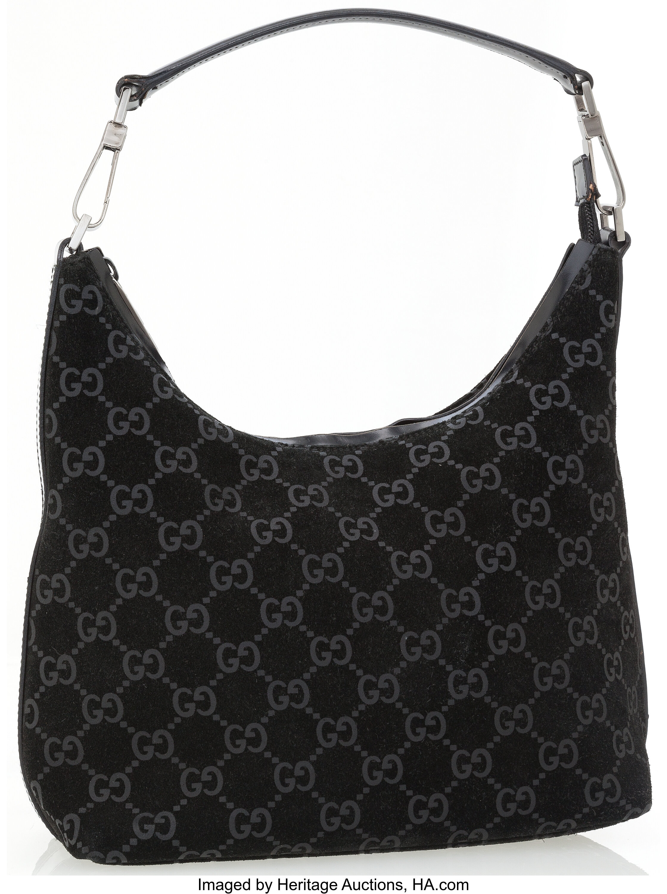 Gucci Black Monogram Suede Shoulder Bag with Gunmetal Strap
