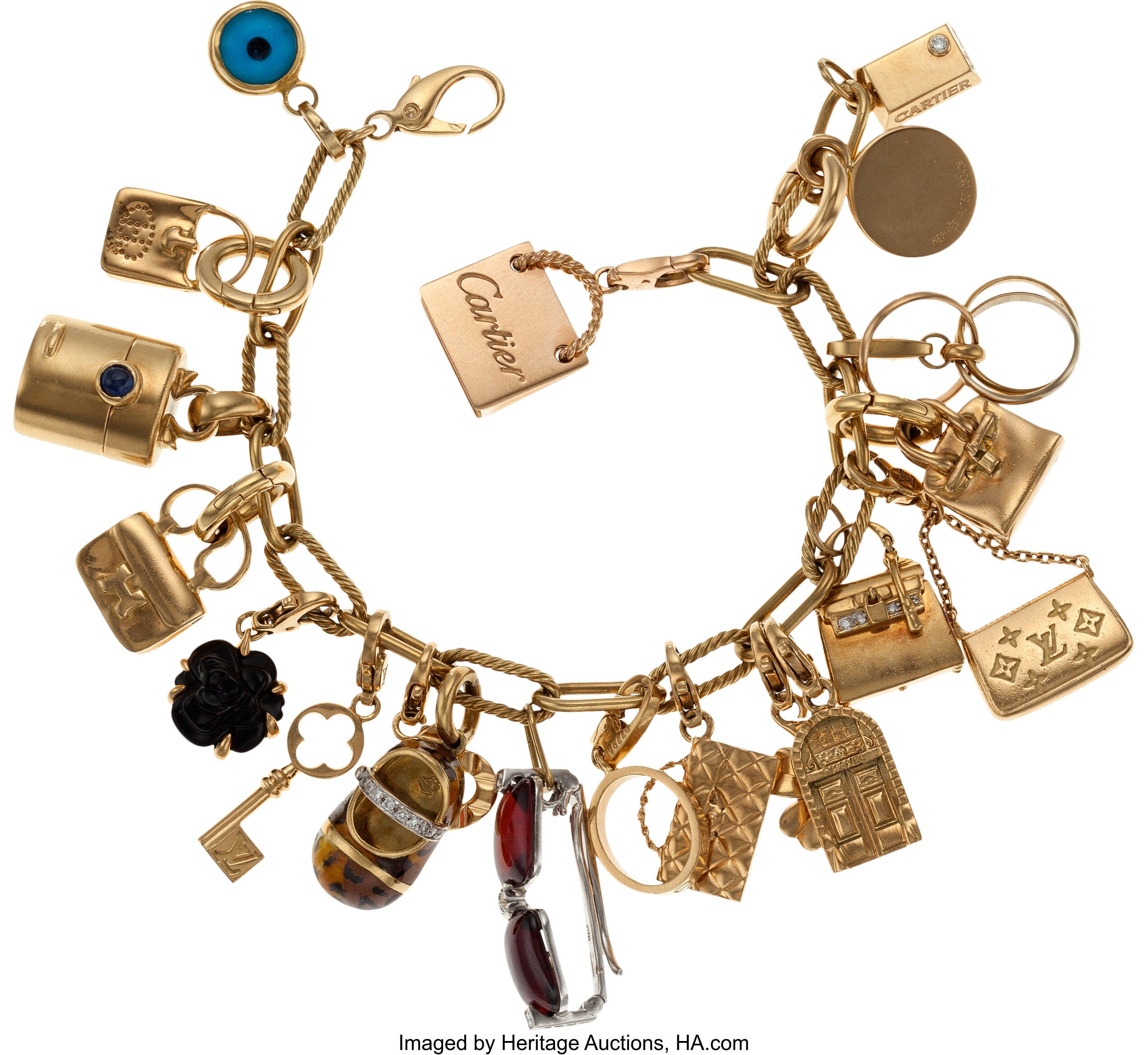 Stunning 18k Yellow Gold Charm Bracelet with 19 18k Gold Hermes,, Lot  #64552