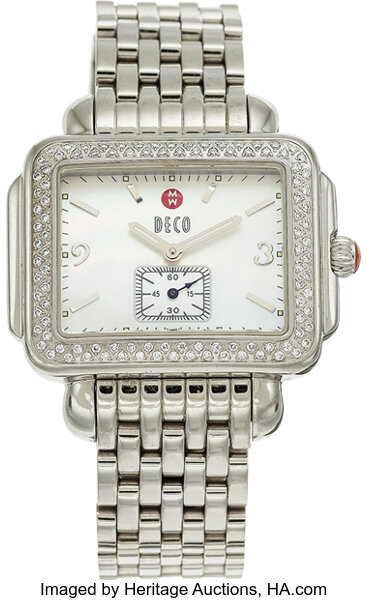 A MICHELE LADY S DIAMOND DECO STAINLESS STEEL WATCH. The quartz