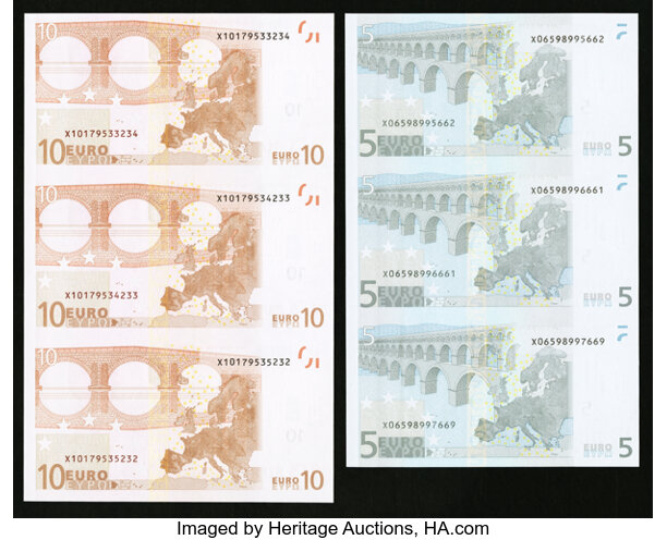 European Union 5 Euro 2002 Uncut sheet four notes. Duisenberg