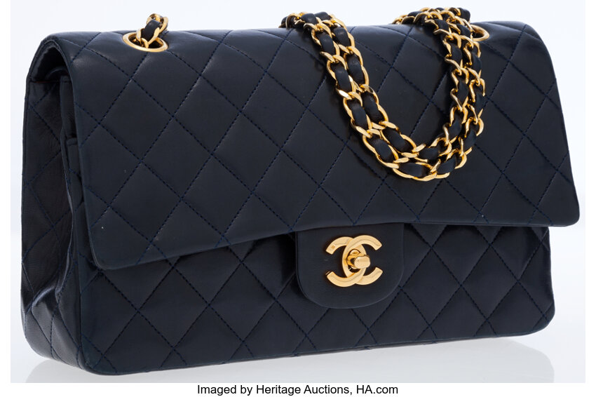 Chanel Navy Lambskin Leather Medium Classic Double Flap Bag with, Lot  #75019
