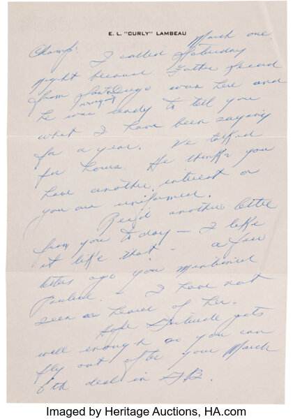 Curly Lambeau Handwritten Signed Letter - March 1, 1965 (Green Bay, Lot  #82325