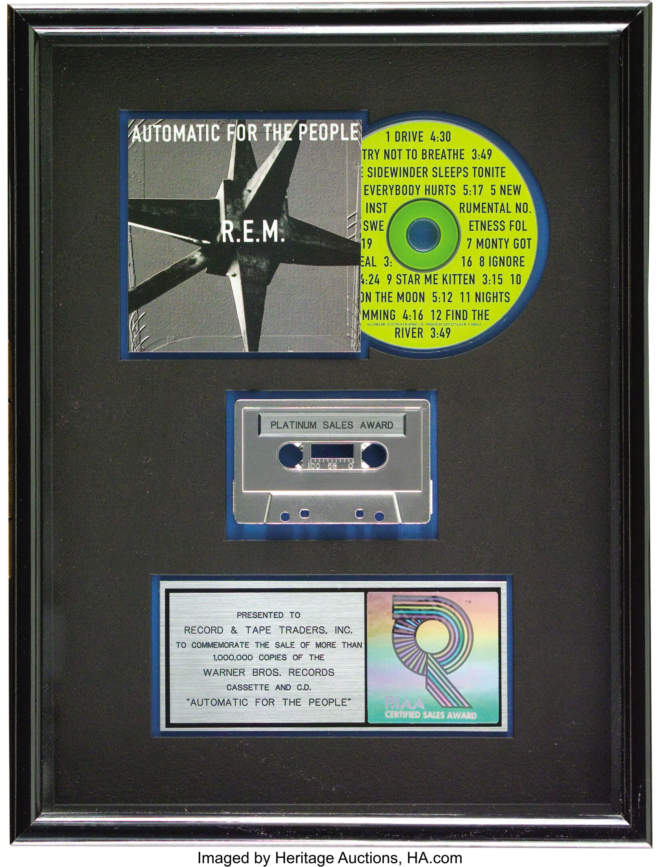 REM Automatic For the People RIAA Platinum Award. Presented to, Lot  #23200