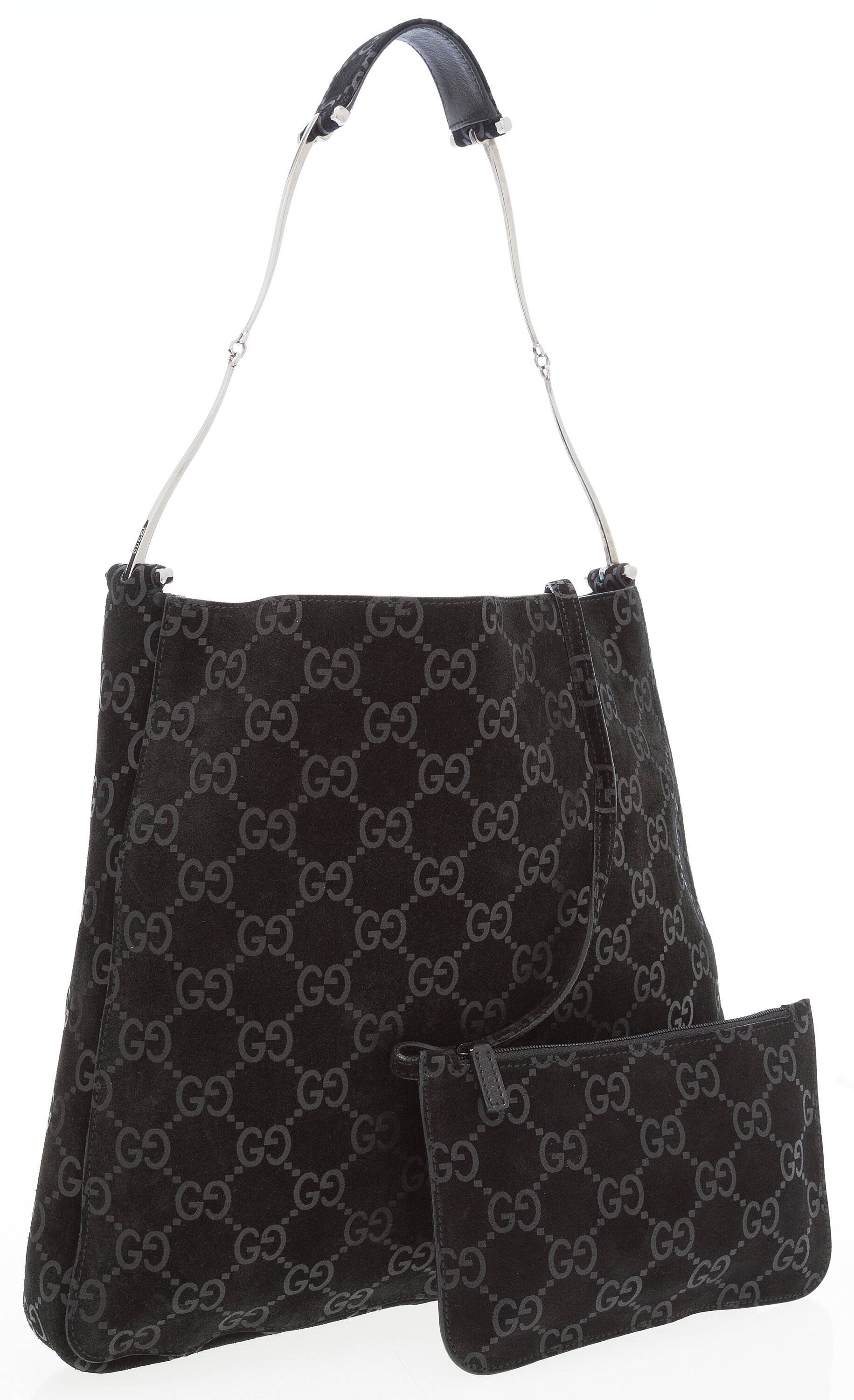 Gucci Black Monogram Suede Shoulder Bag with Gunmetal Strap