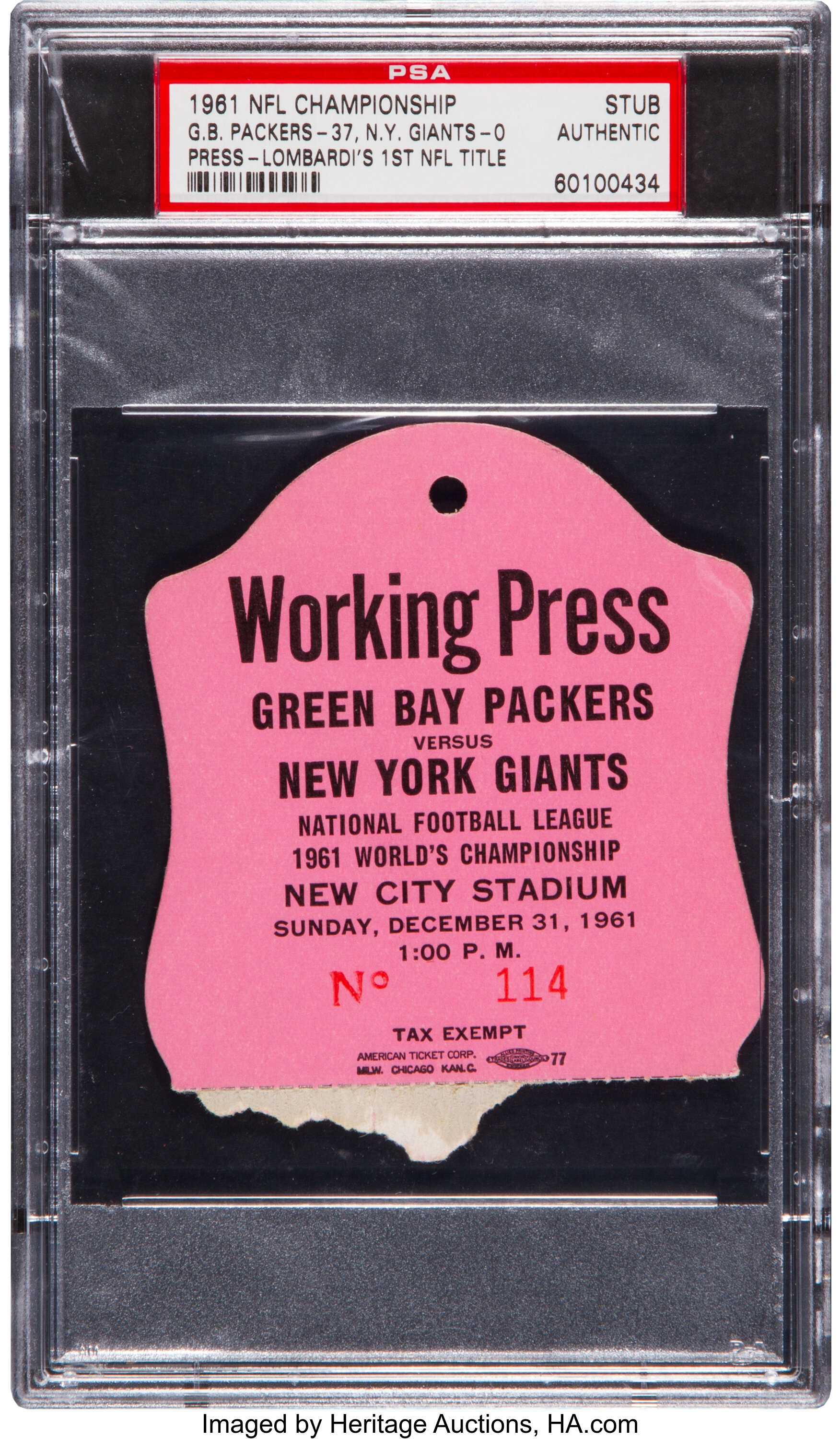 1961 NFL Championship Green Bay Packers vs. New York Giants Ticket