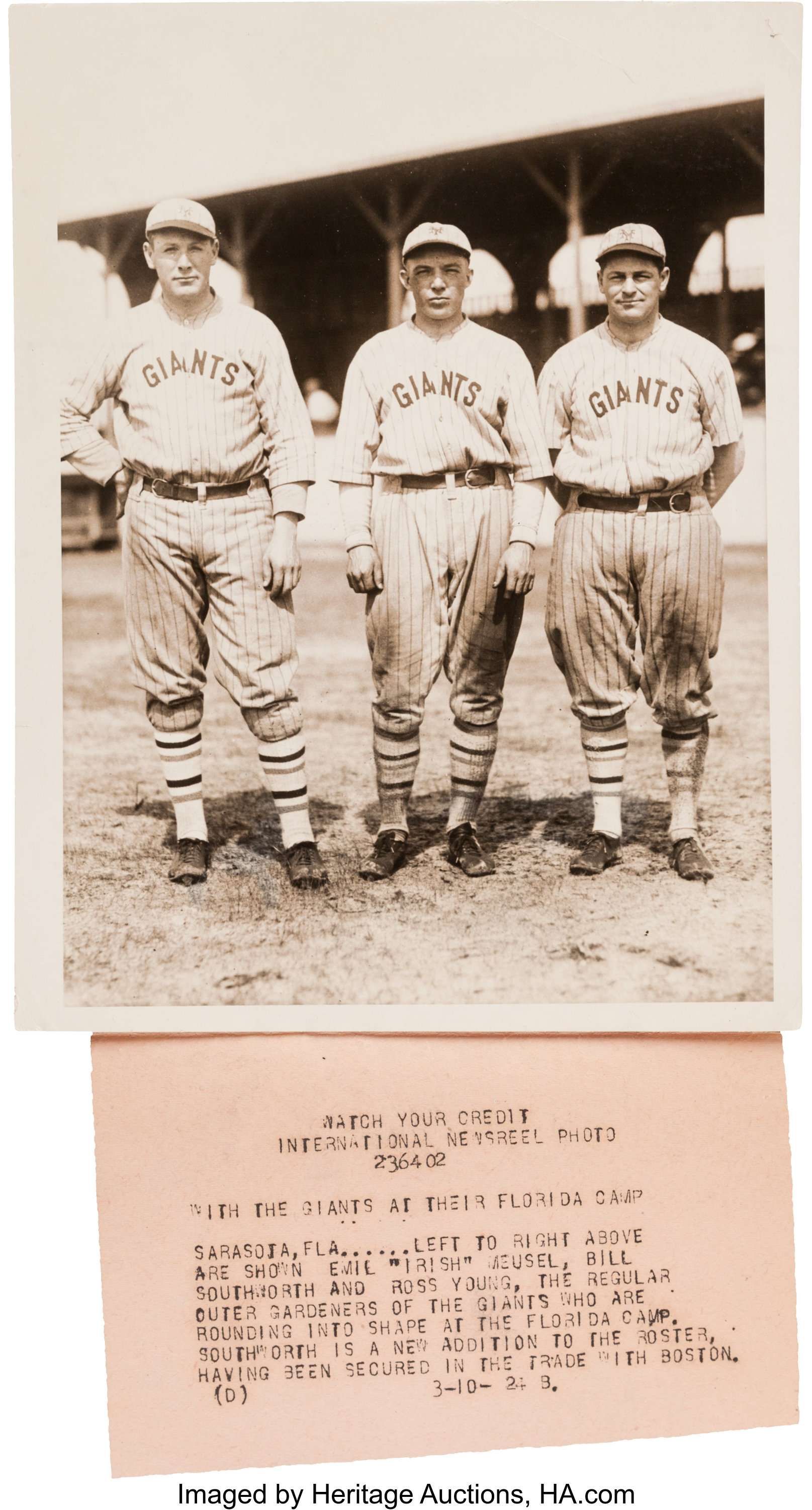 1924 New York Giants with Ross Youngs Original News Photograph., Lot  #83149