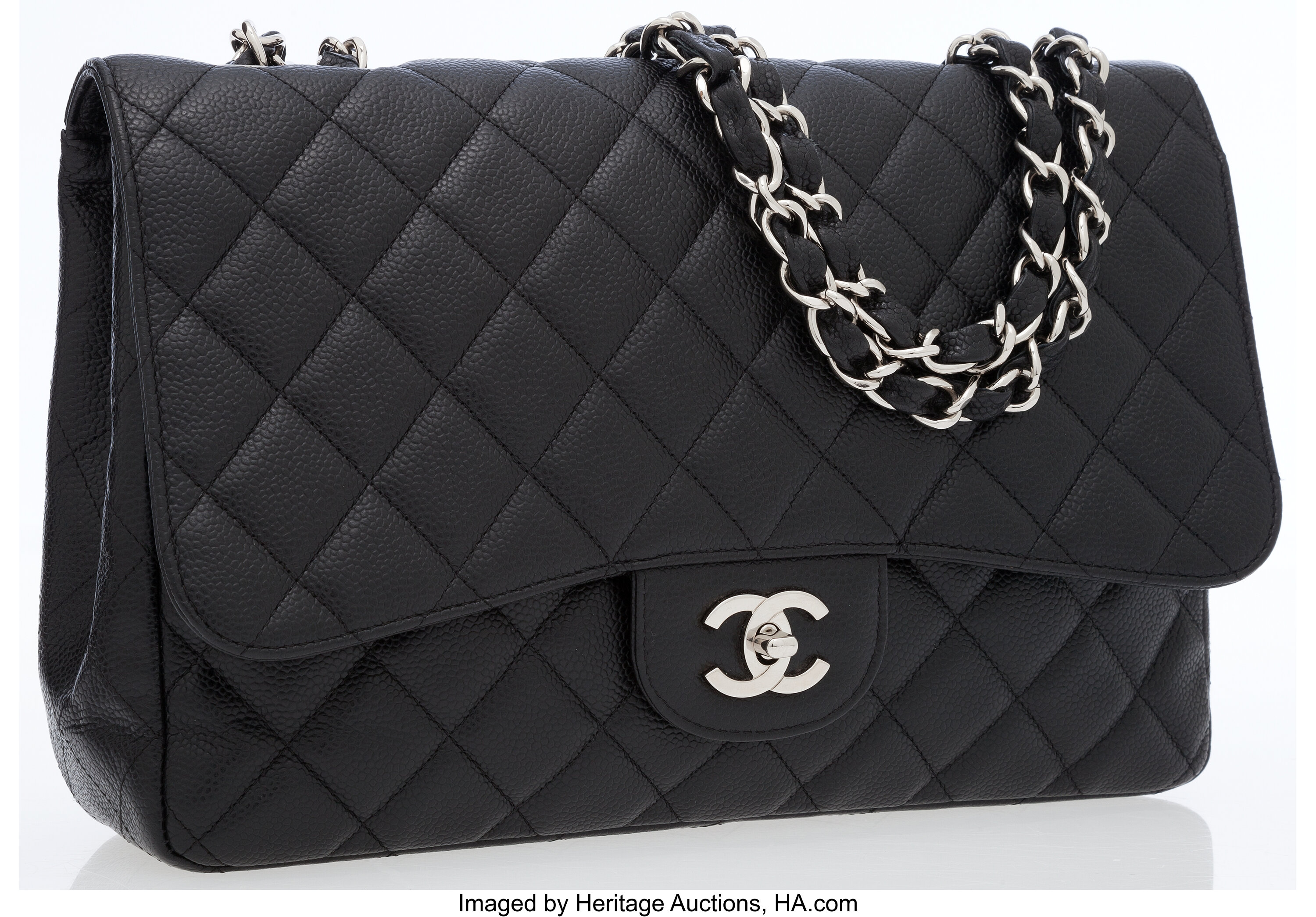 Chanel Quilted Black Caviar Leather Maxi Classic Silver Chain Flap