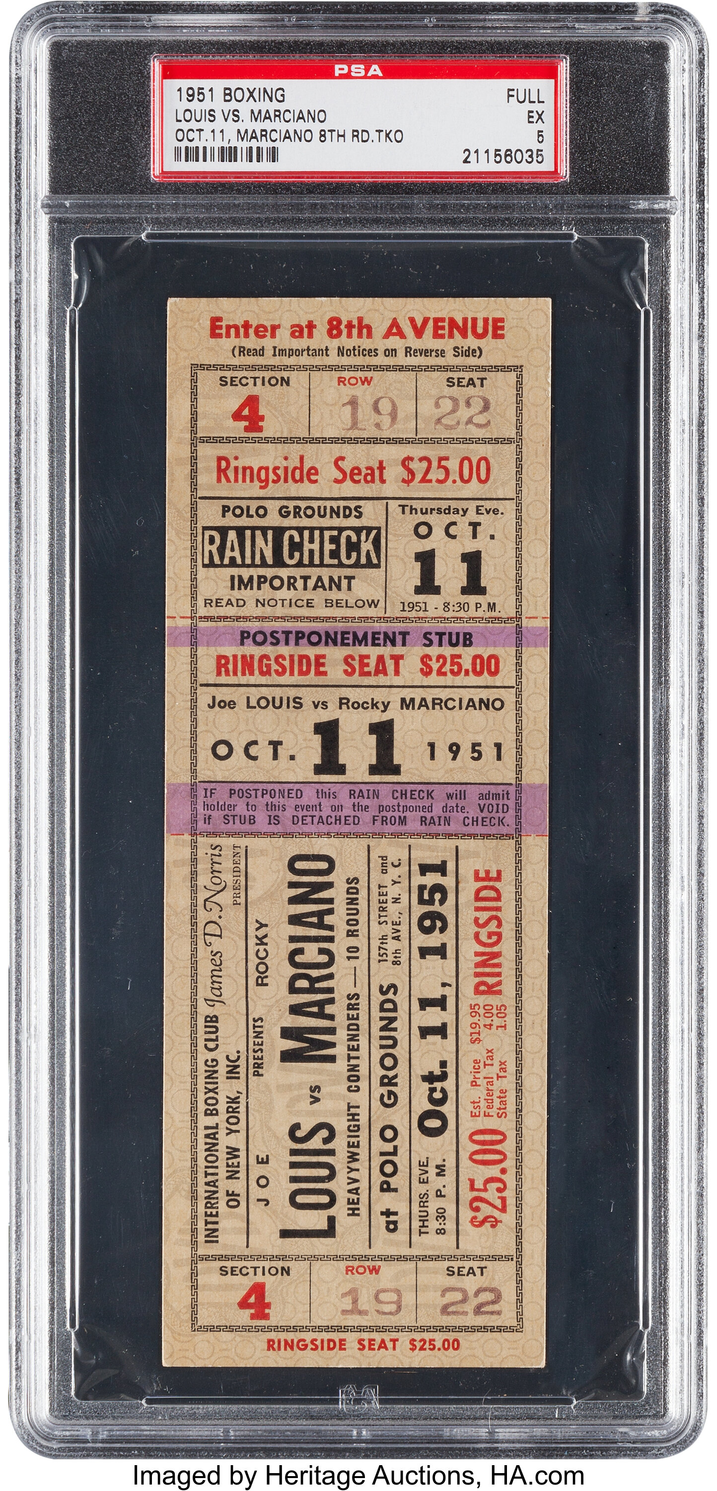 1951 Joe Louis vs. Rocky Marciano Full Ticket, PSA EX 5. Boxing, Lot  #83500