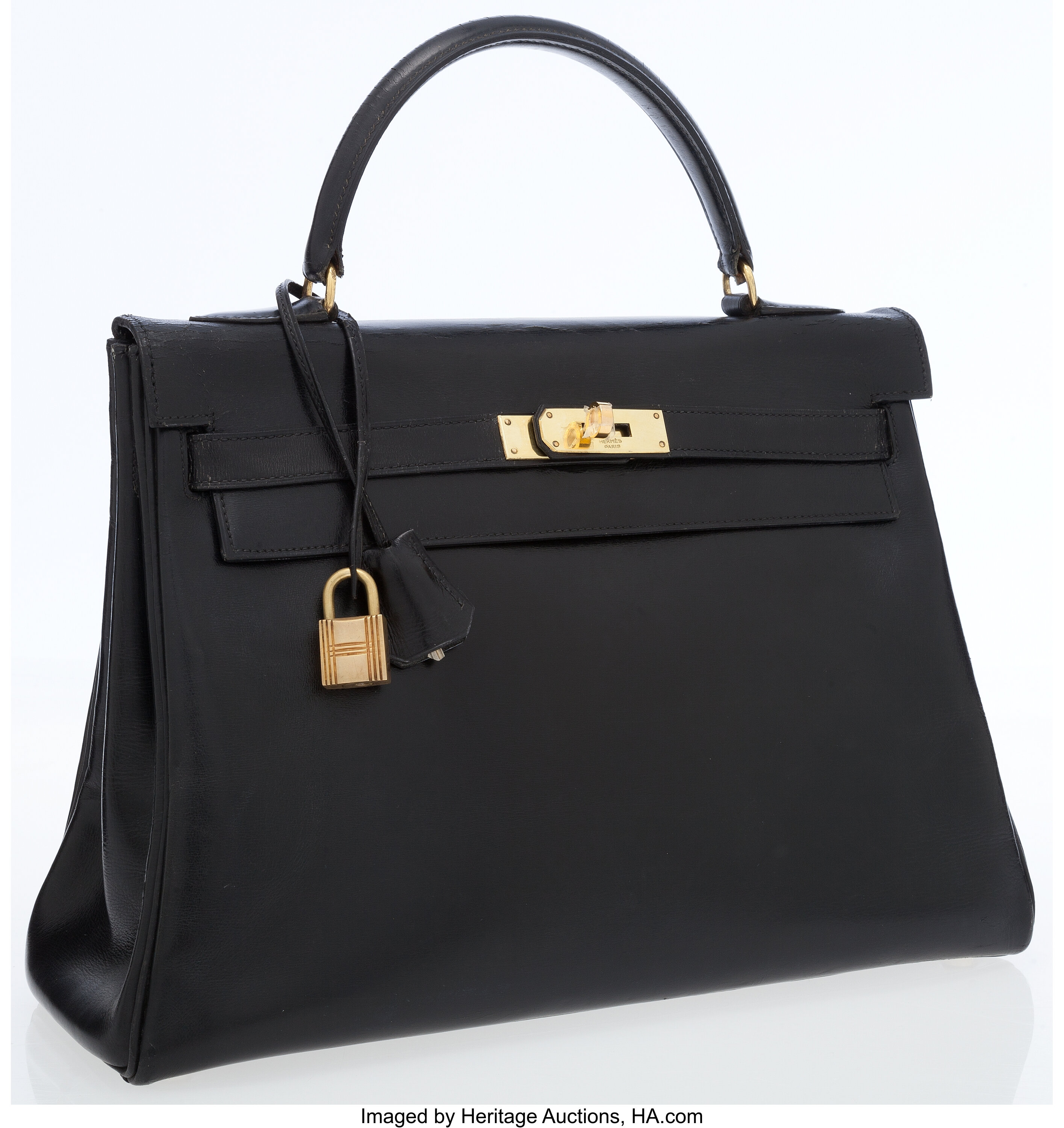 Lot - Hermes 32cm Black Calf Box Leather Retourne Kelly Bag