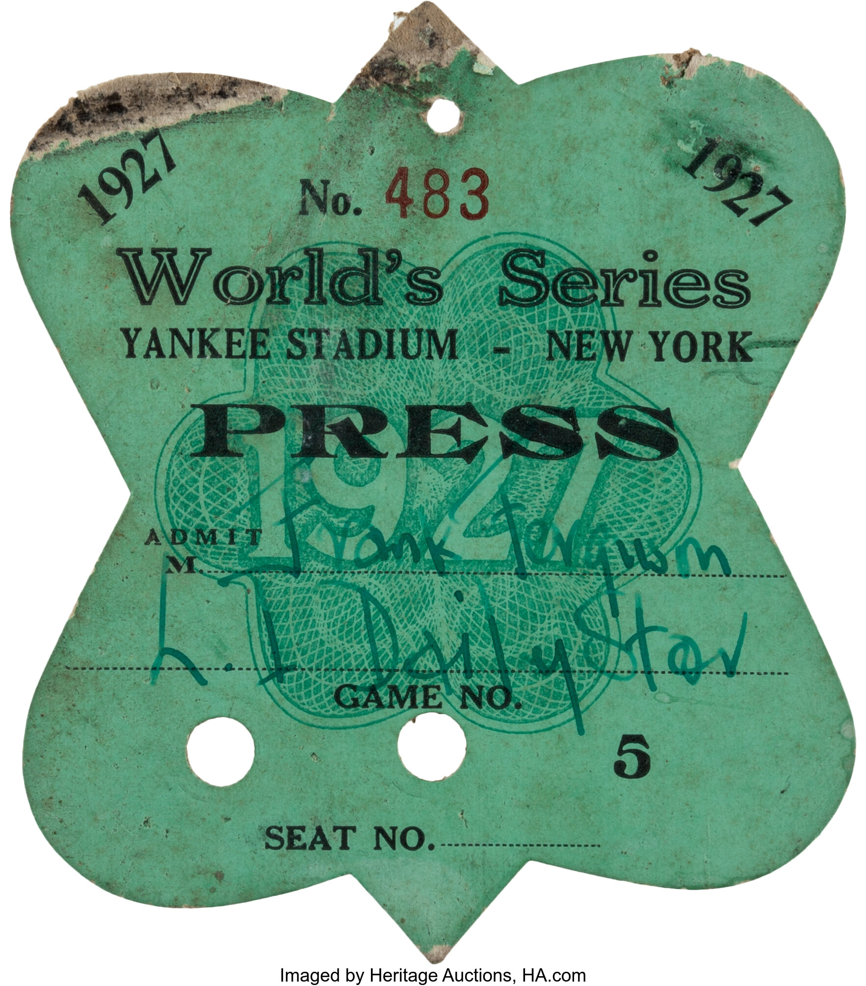 1927 World Series (New York Yankees) Press Pass, PSA Authentic