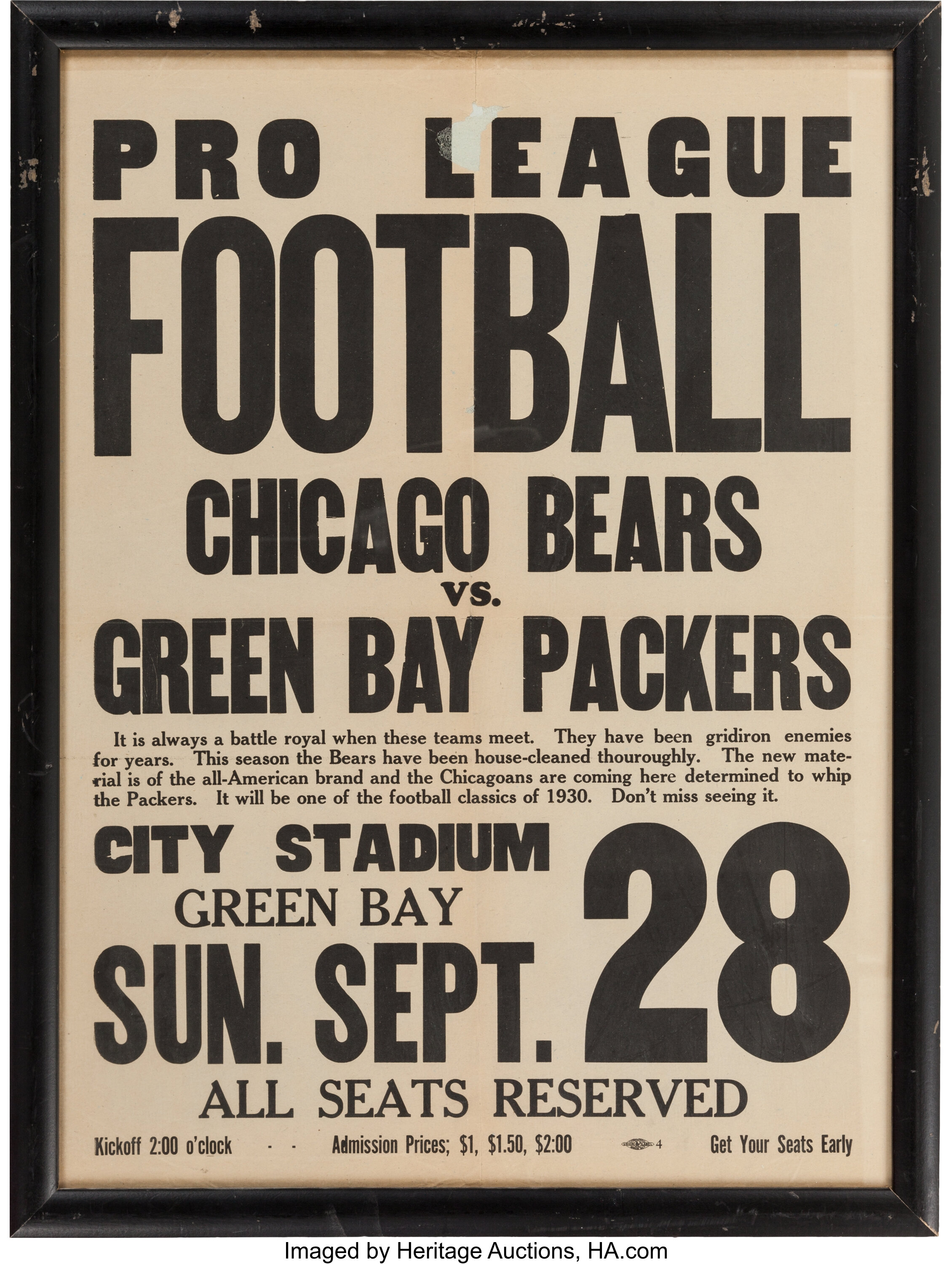 1929 Chicago Bears Schedule Broadside with Red Grange. Before the