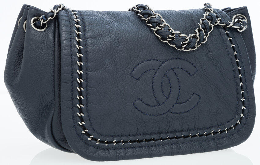 Chanel Navy Leather Luxe Ligne Accordion Flap Bag with CC Detail