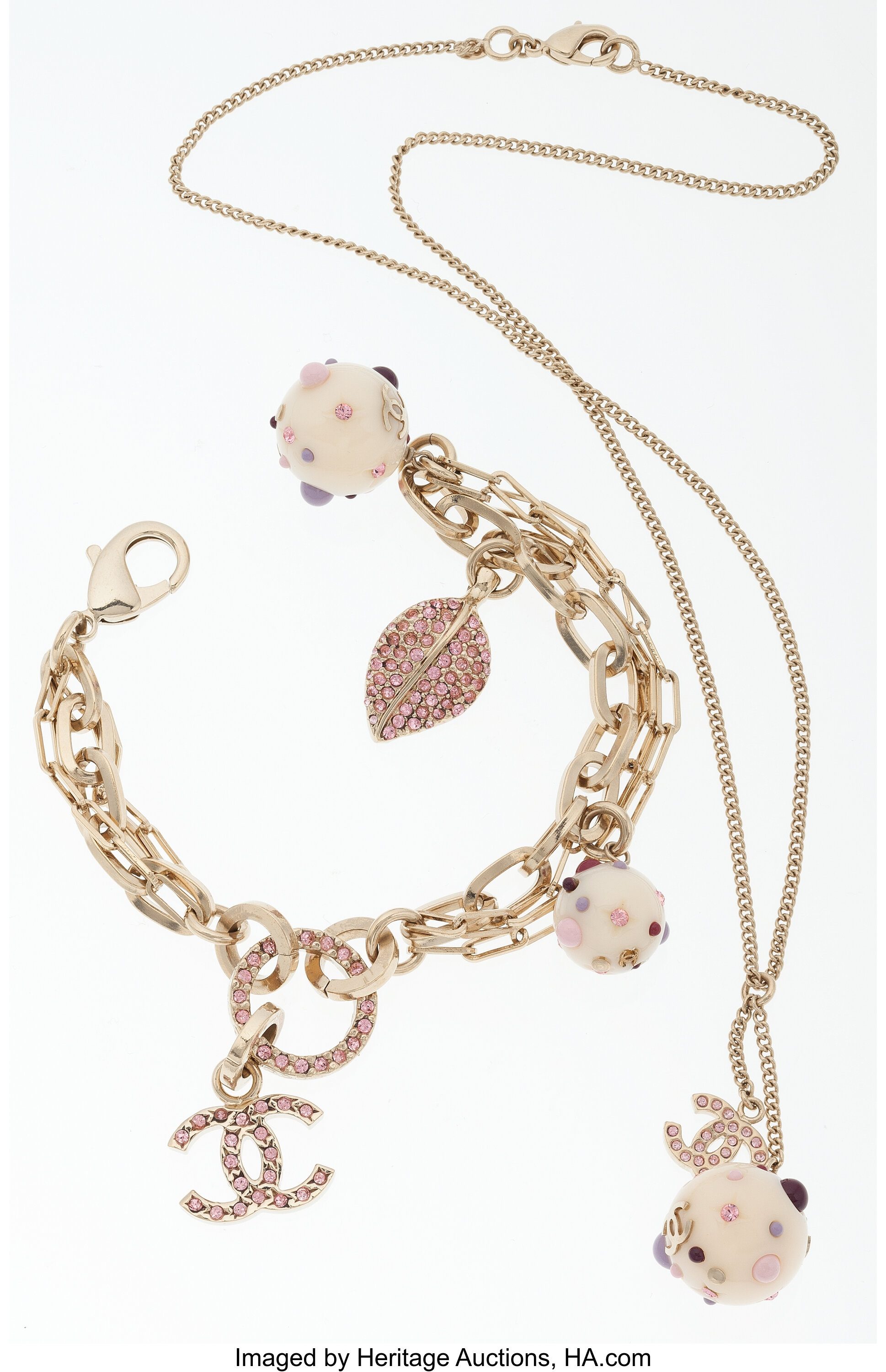 Chanel Gold Necklace with Pink & White Acrylic Charm & Gold Charm