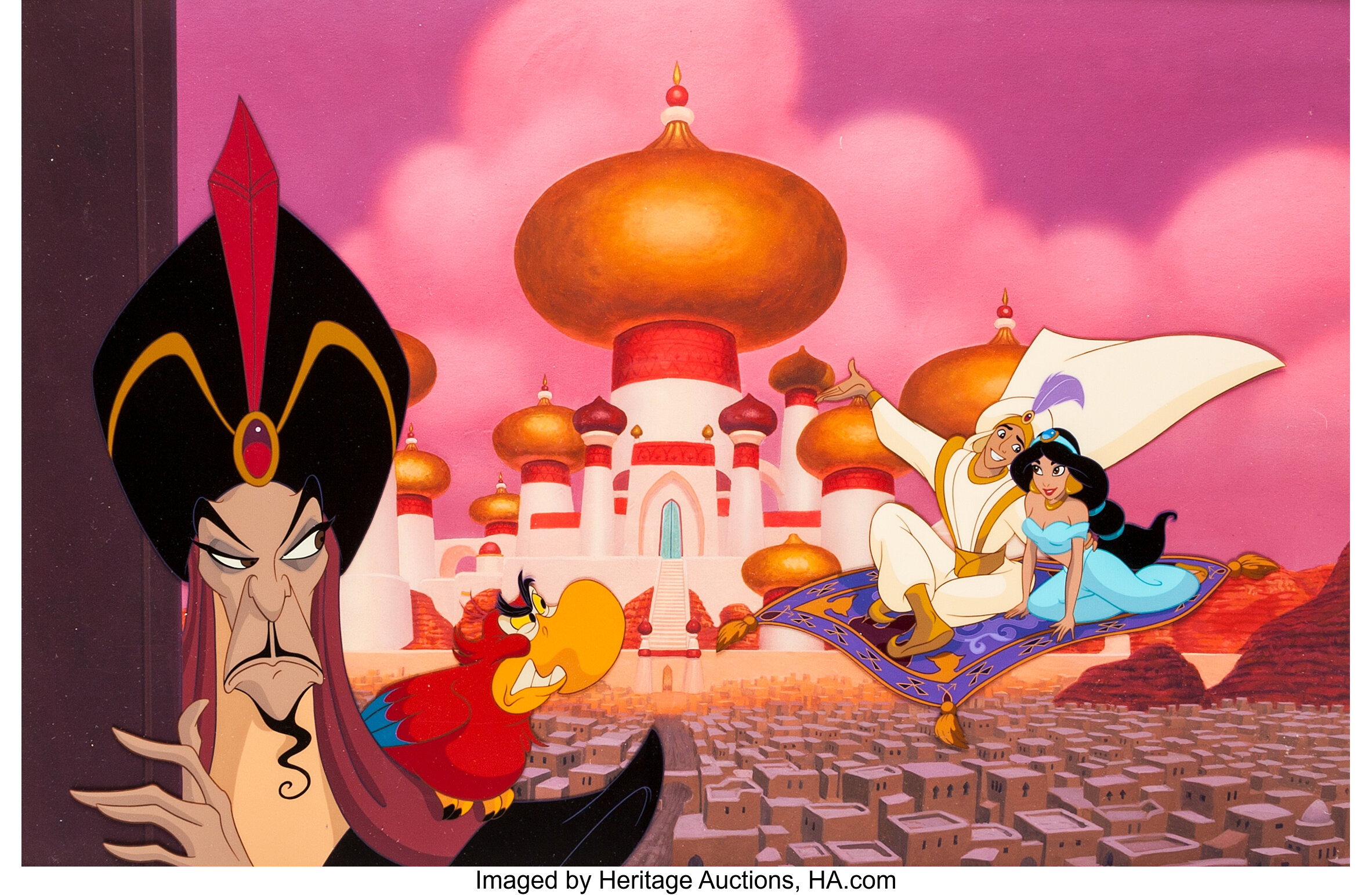 Aladdin Jafar, Iago, Aladdin, and Jasmine Presentation Cel and Pan, Lot  #95335