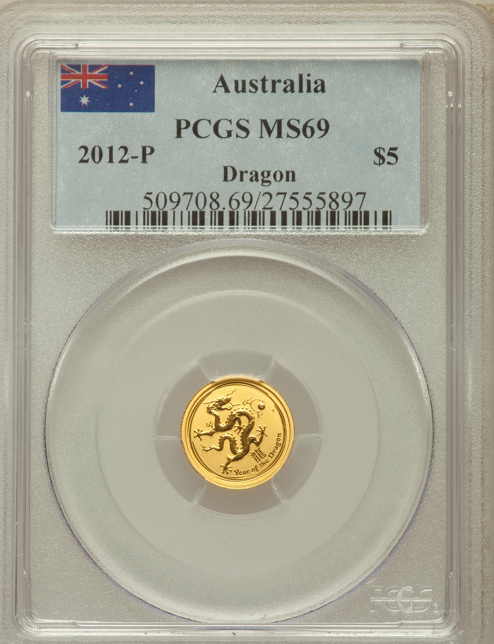 2012-P $5 Year of the Dragon MS69 PCGS. PCGS Population (523/0 