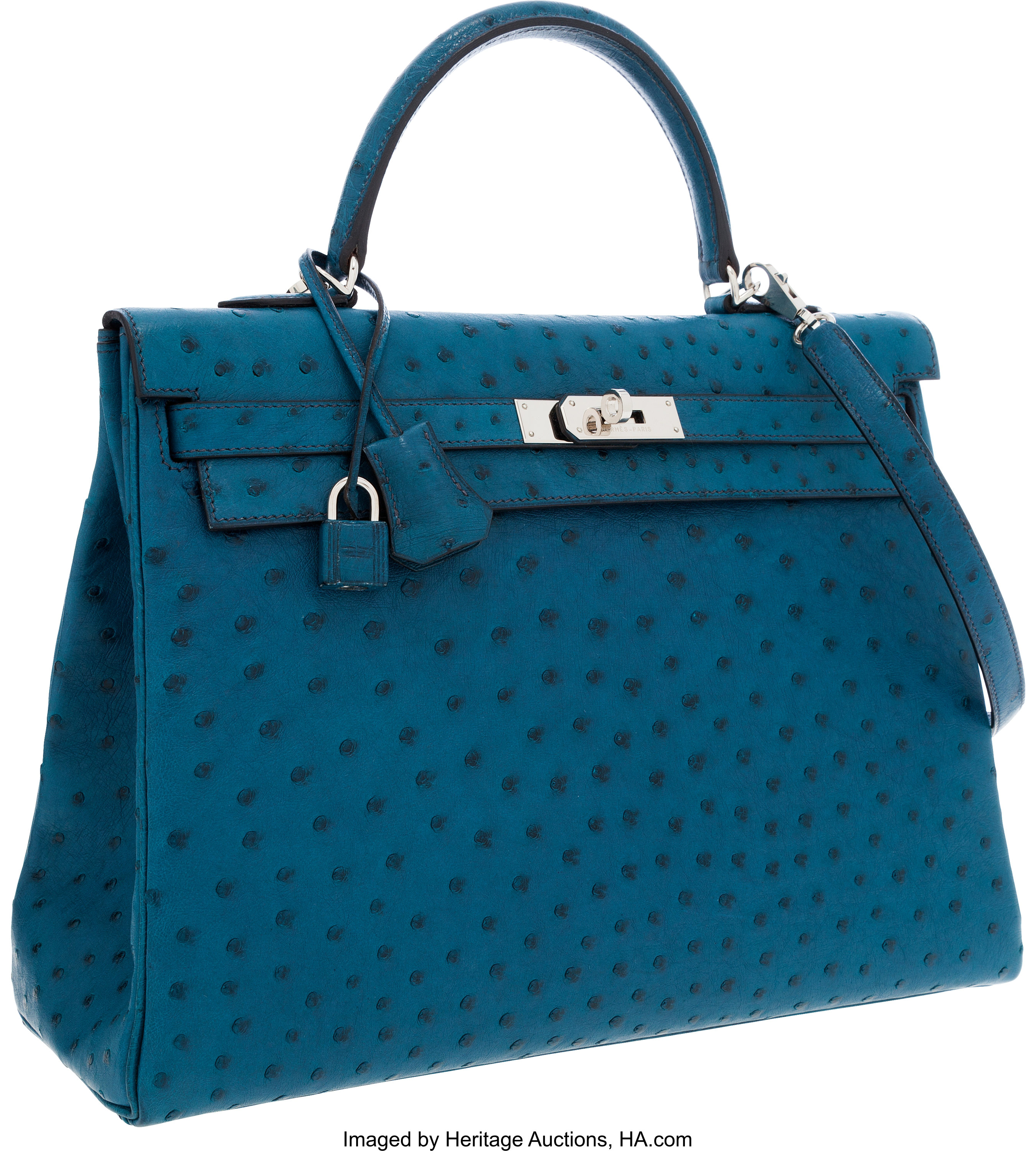 Hermes 35cm Blue Cobalt Ostrich Retourne Kelly Bag with Palladium