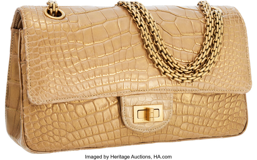 Chanel Metallic Gold Antiqued Crocodile Medium Double Flap Bag with, Lot  #56356