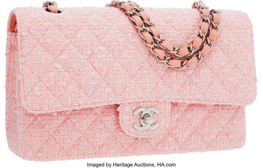 Chanel Pink Quilted Tweed Medium Double Flap Bag with Silver