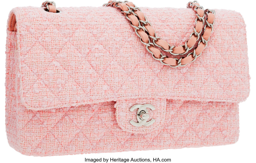 Chanel Pink Quilted Tweed Medium Double Flap Bag with Silver, Lot #56254