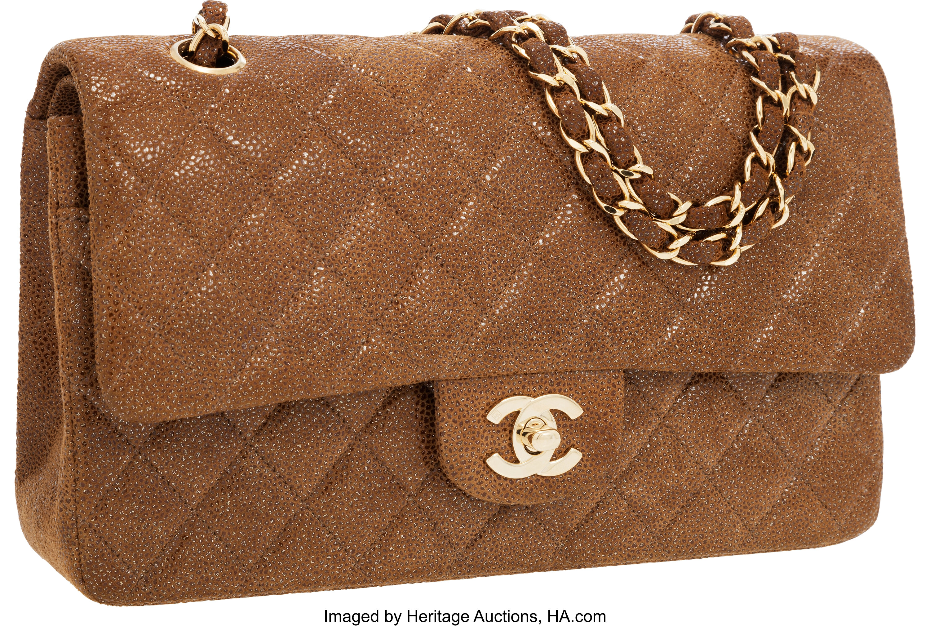 Chanel Light Brown Caviar Suede Leather Medium Double Flap Bag with, Lot  #56269