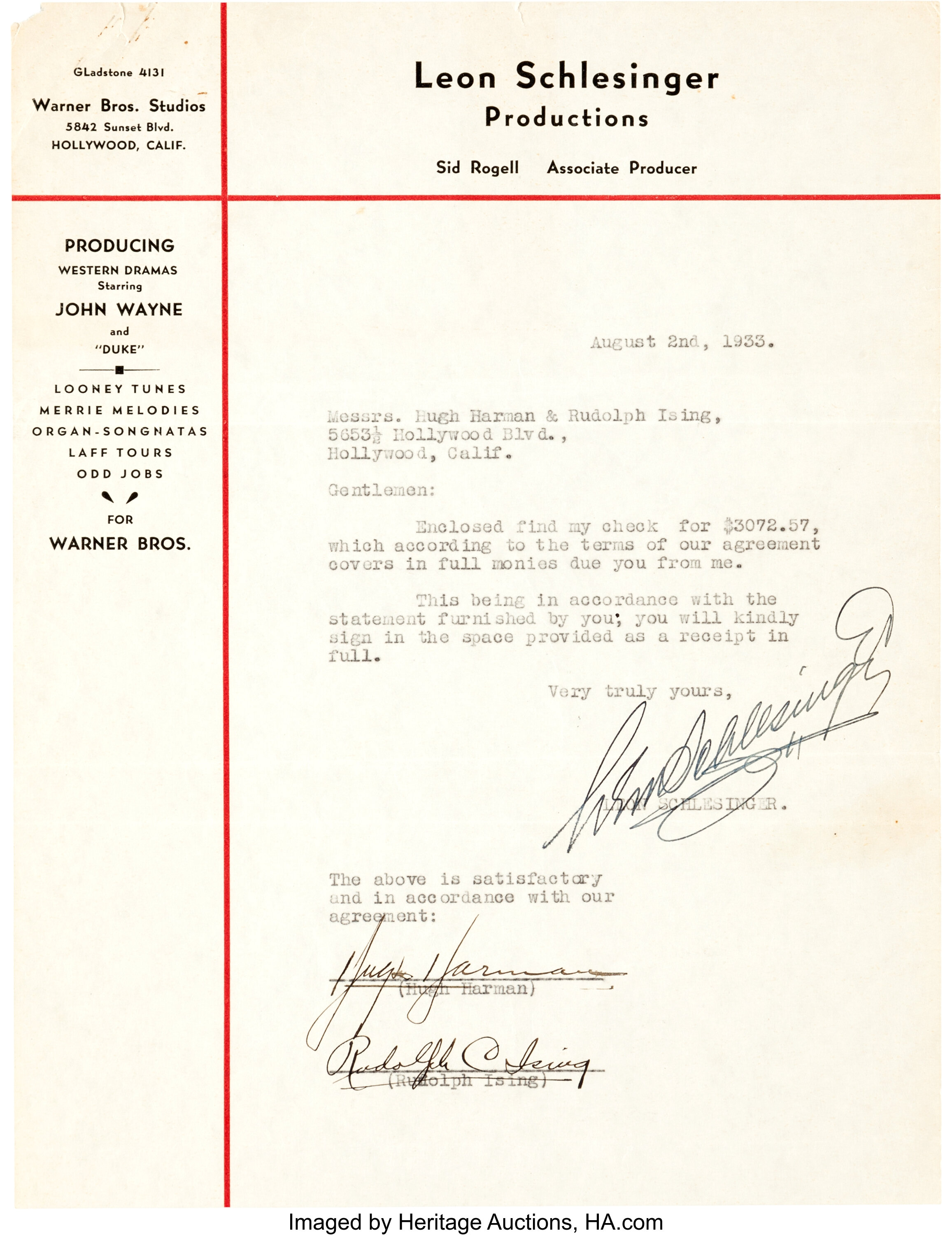 Leon Schlesinger Letter To Hugh Harman And Rudolph Ising 1933 Lot 95583 Heritage Auctions