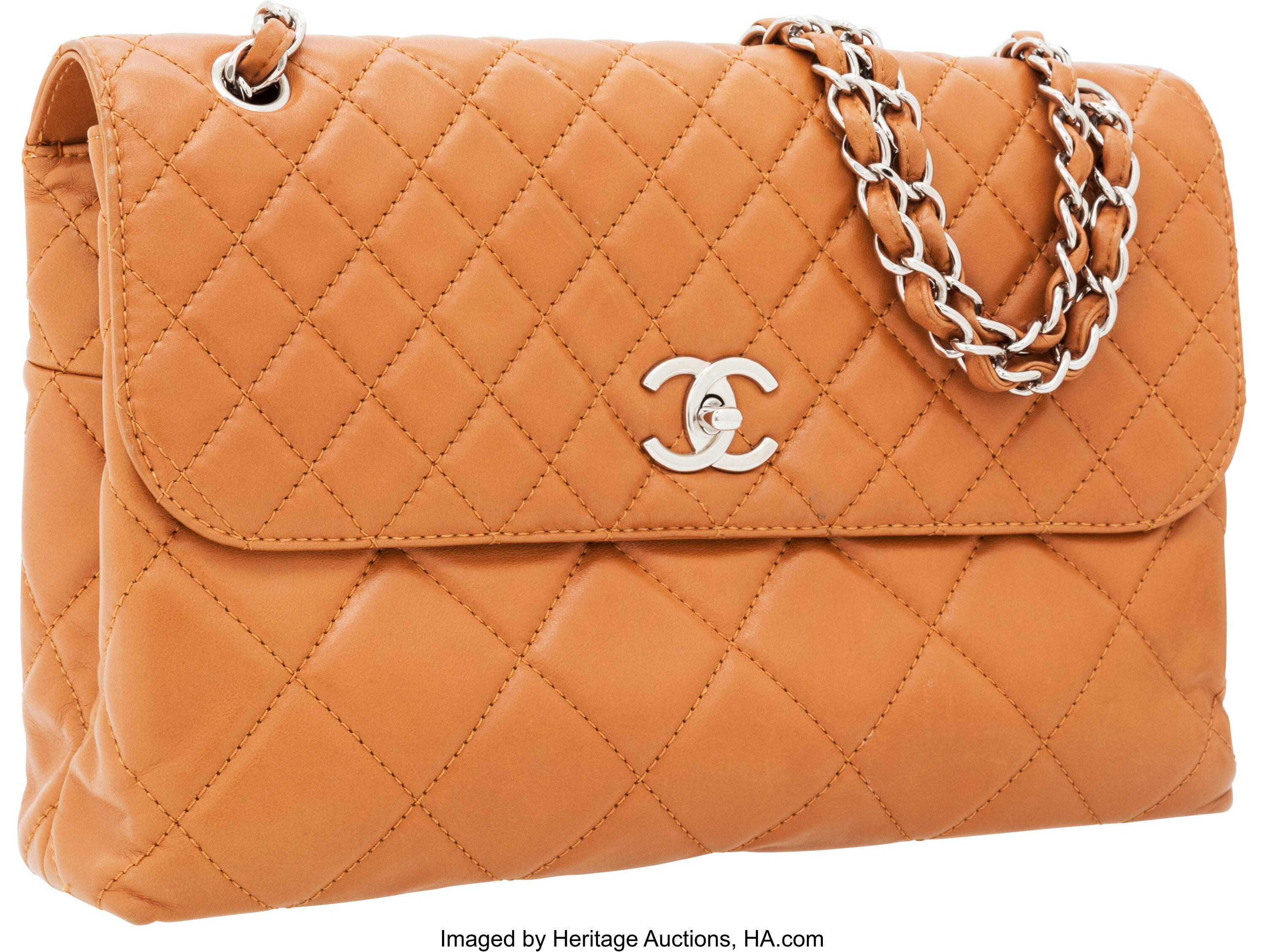 Chanel Light Brown Quilted Lambskin Leather Jumbo Flap Bag with, Lot  #56270