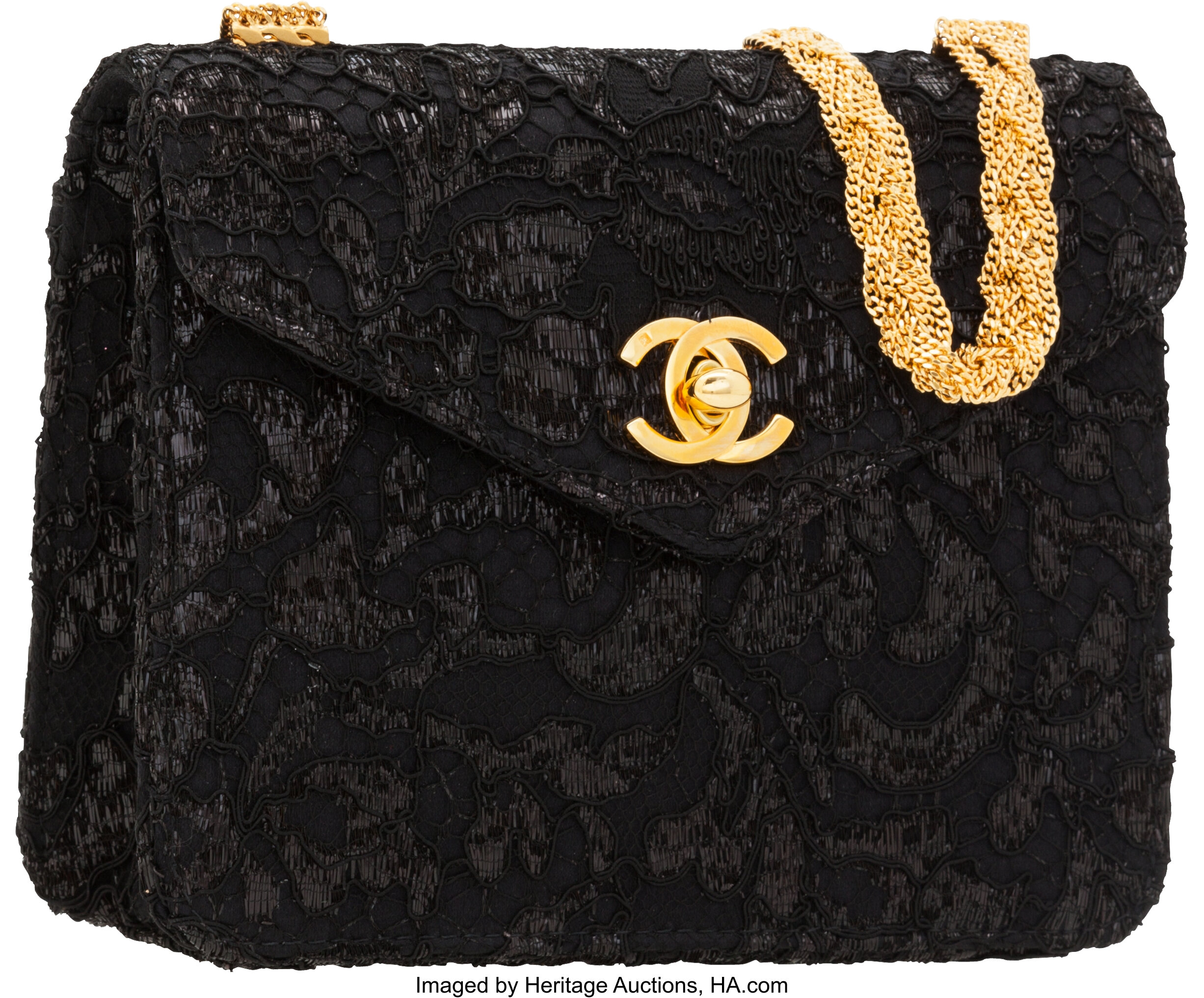 Chanel Black Satin Evening Bag with Lace Overlay & Braided Gold